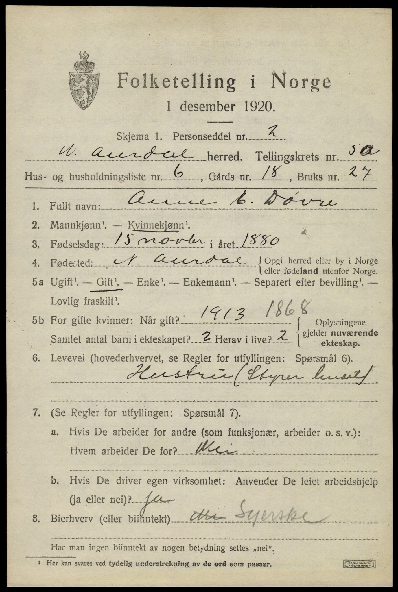 SAH, 1920 census for Nord-Aurdal, 1920, p. 4724