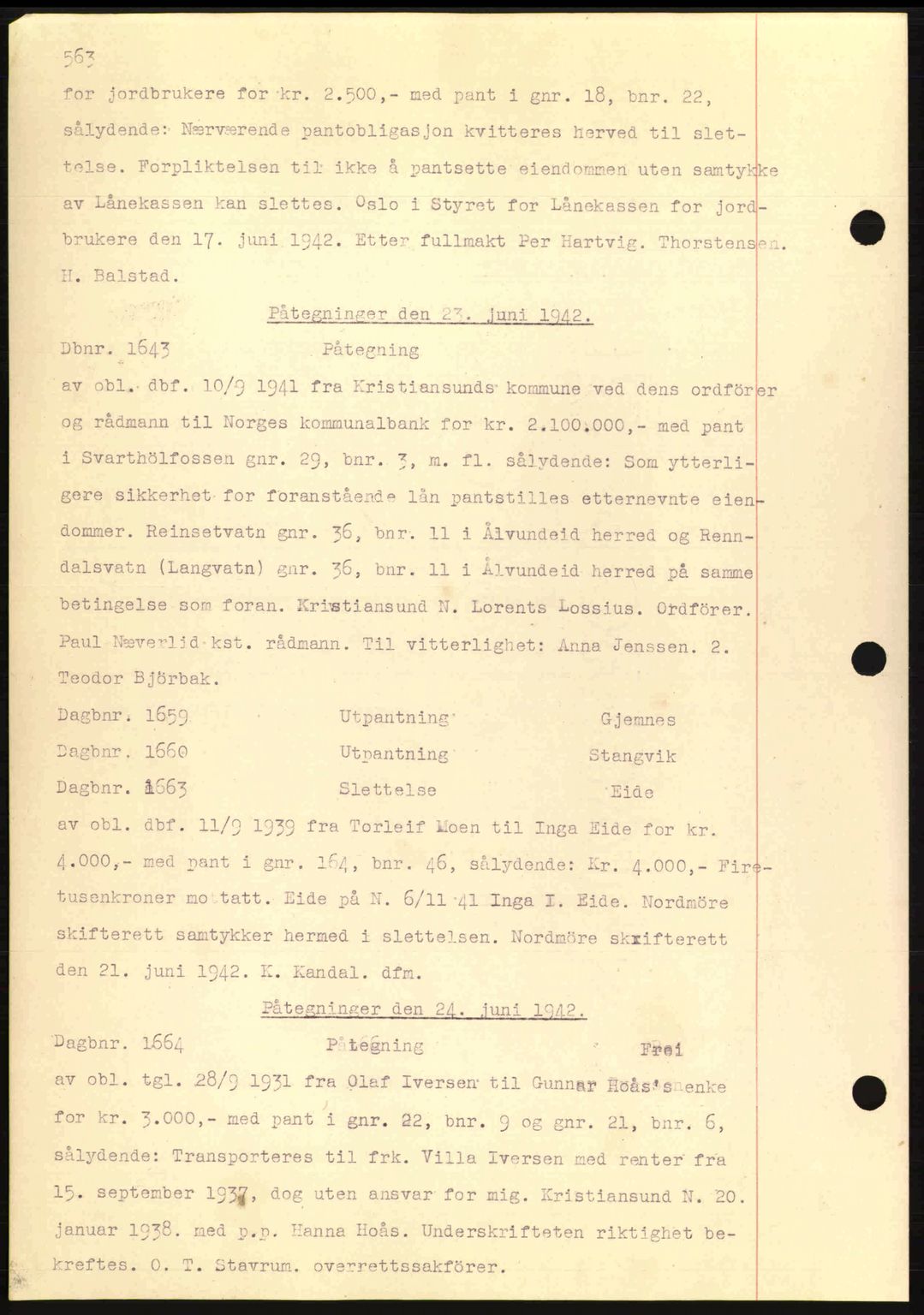 Nordmøre sorenskriveri, AV/SAT-A-4132/1/2/2Ca: Mortgage book no. C81, 1940-1945, Diary no: : 1643/1942