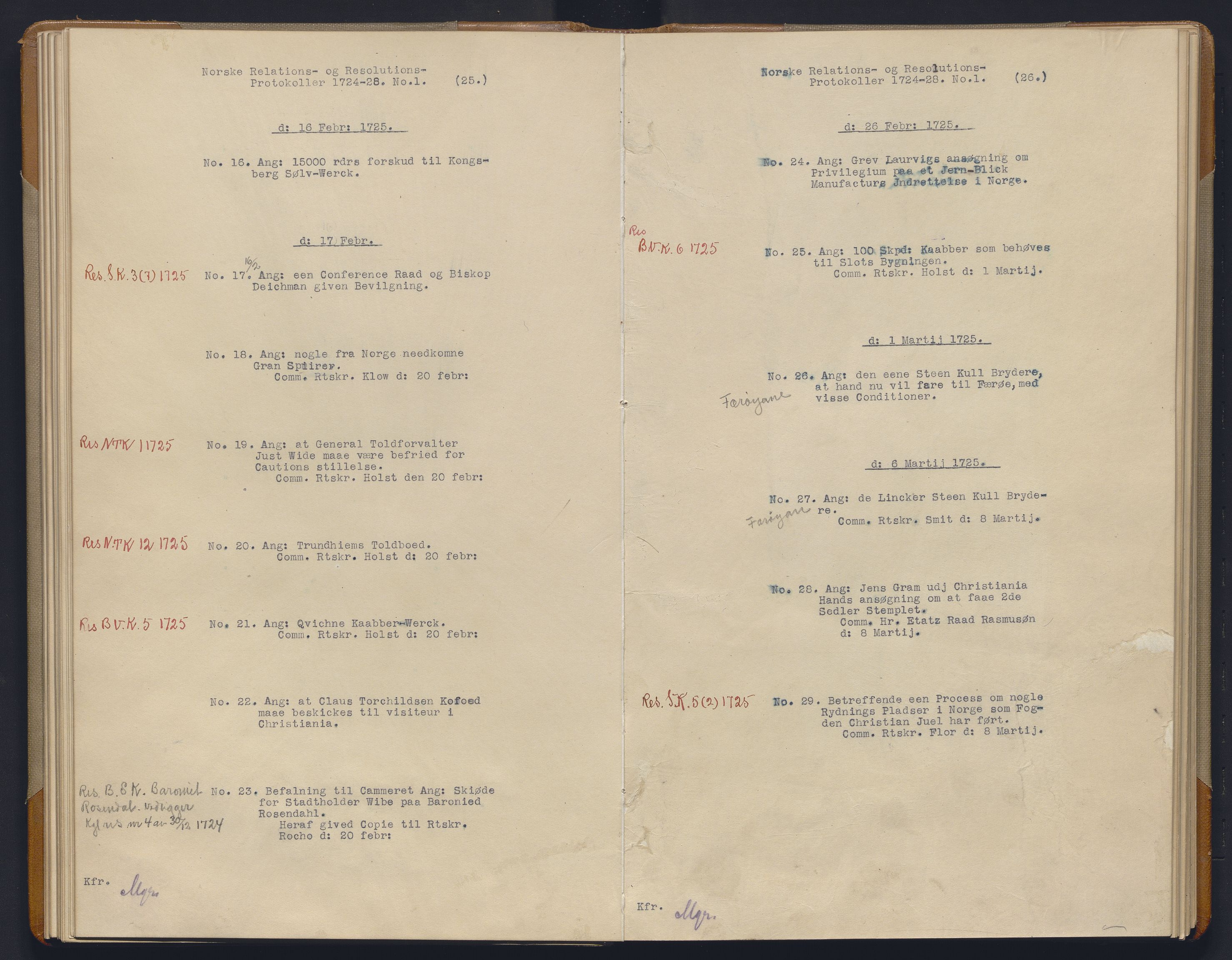 Avskriftsamlingen, AV/RA-EA-4022/F/Fb/L0115: Registratur over norske Relasjons- og resolusjonsprotkoller, 1724-1728, p. 33