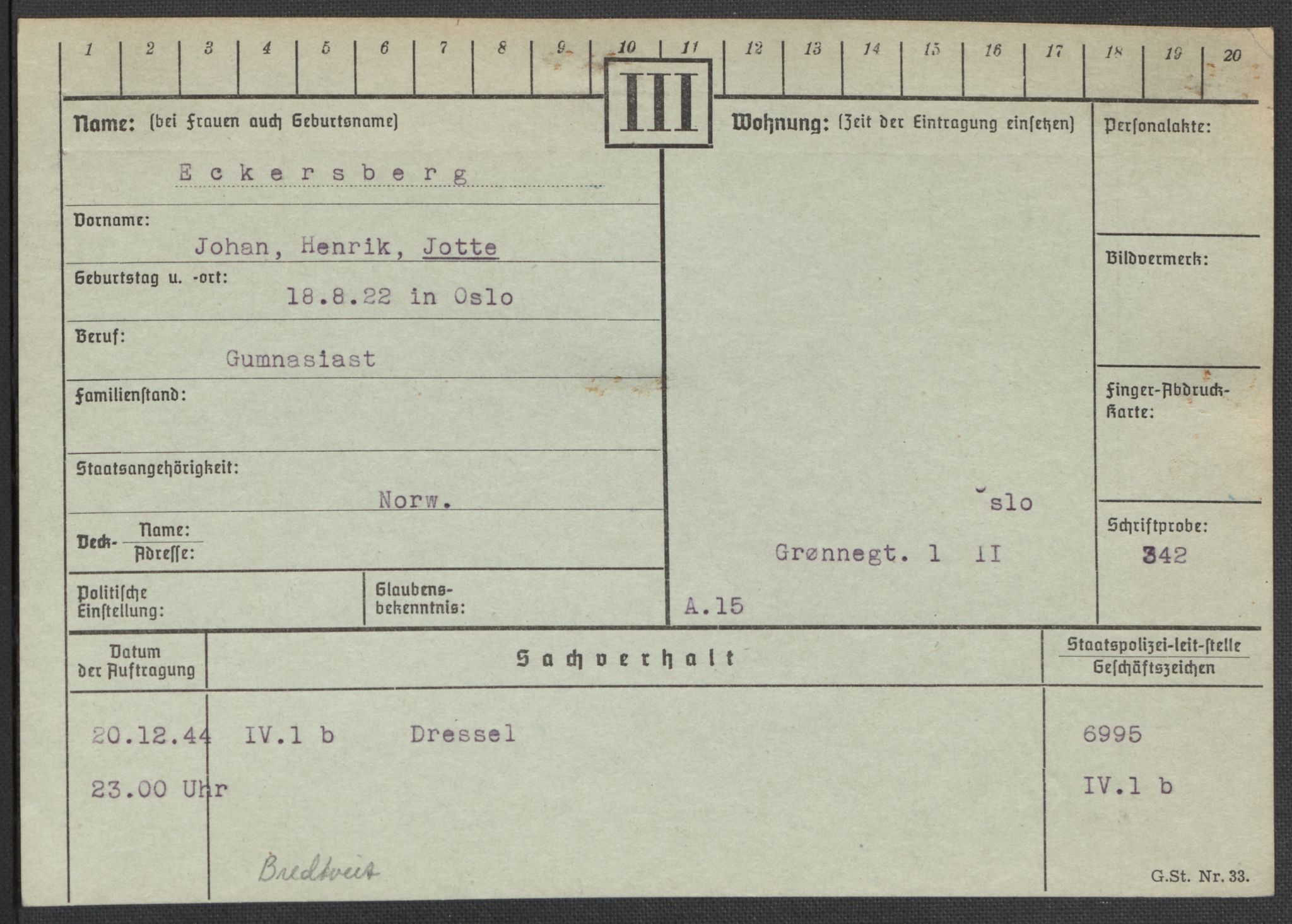 Befehlshaber der Sicherheitspolizei und des SD, RA/RAFA-5969/E/Ea/Eaa/L0002: Register over norske fanger i Møllergata 19: Bj-Eng, 1940-1945, p. 1157