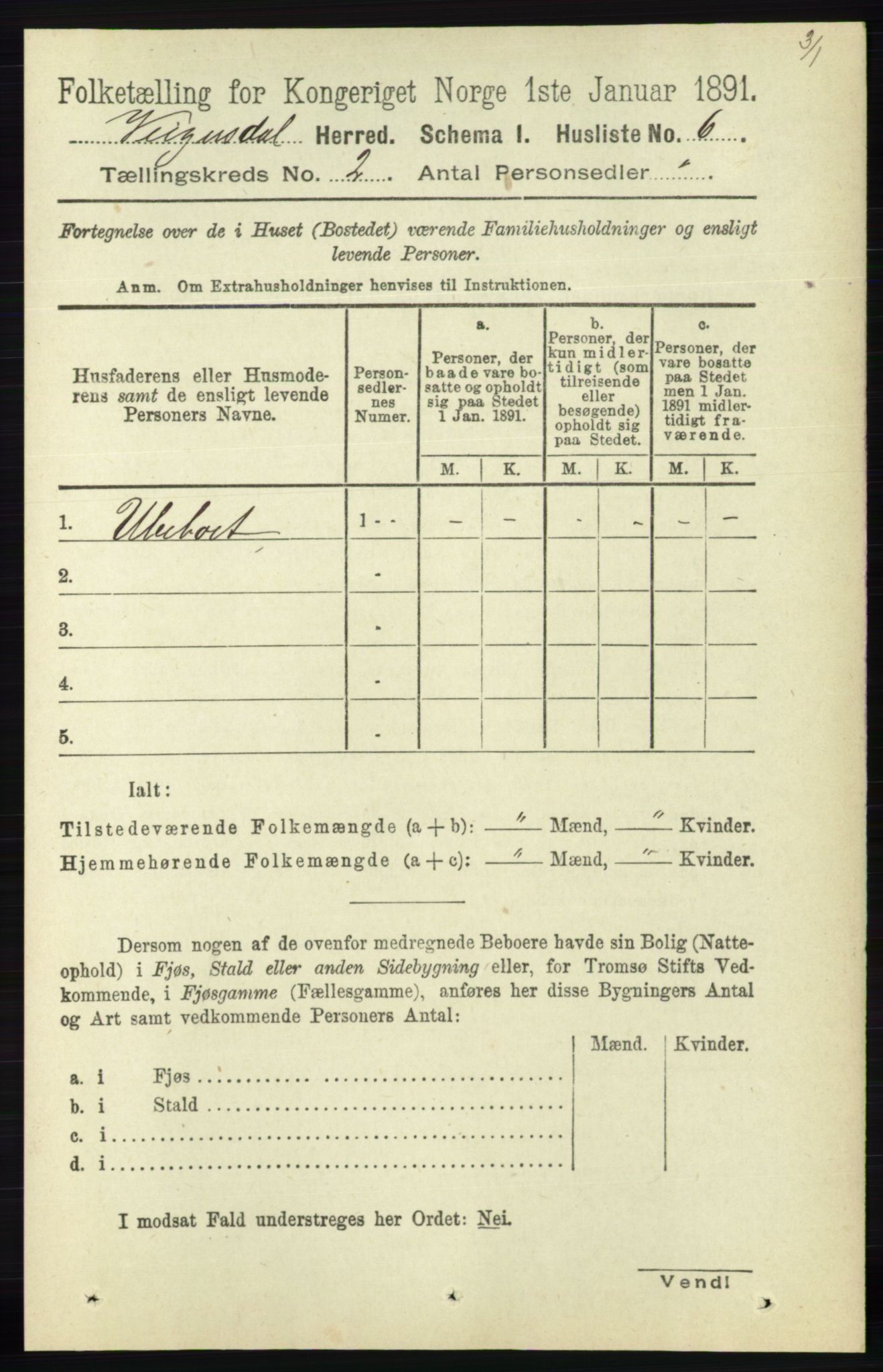 RA, 1891 census for 0934 Vegusdal, 1891, p. 295