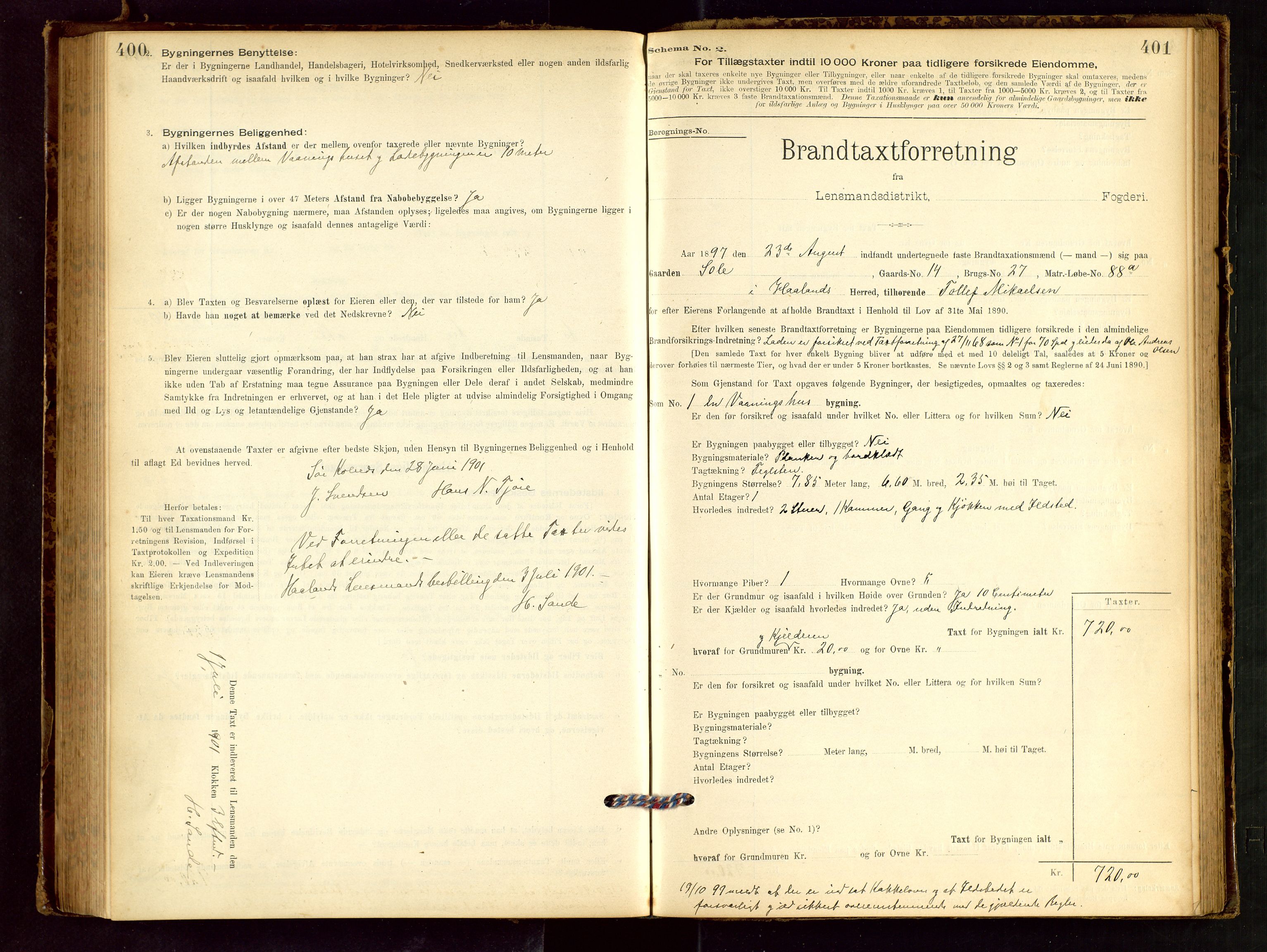 Håland lensmannskontor, SAST/A-100100/Gob/L0001: Branntakstprotokoll - skjematakst. Register i boken., 1894-1902, p. 400-401