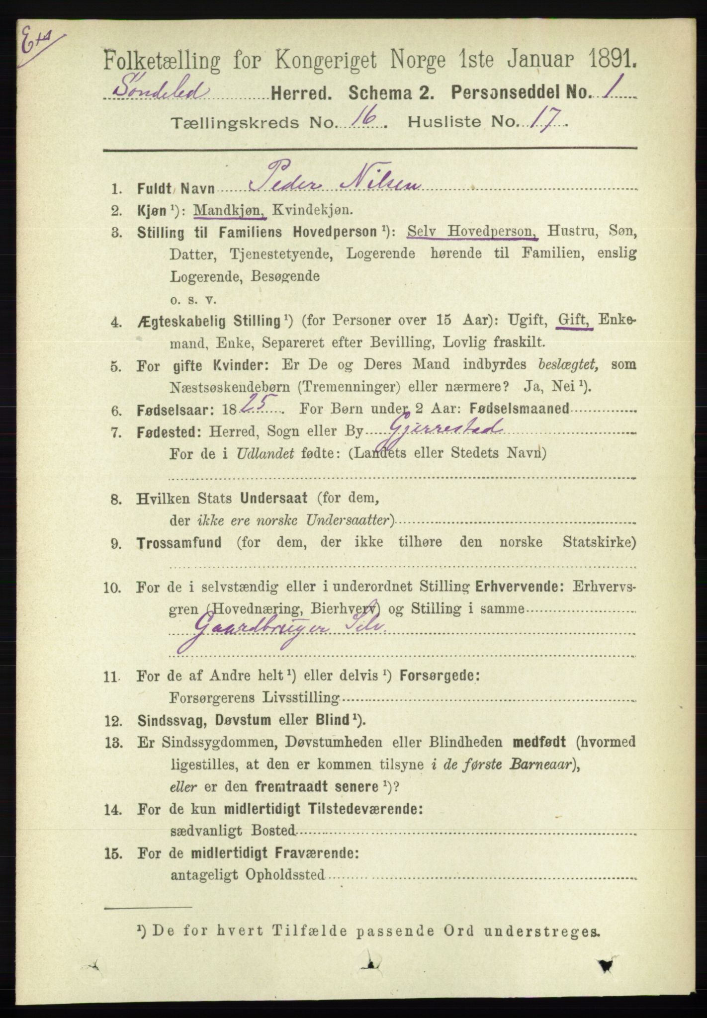 RA, Census 1891 for Nedenes amt: Gjenparter av personsedler for beslektede ektefeller, menn, 1891, p. 170