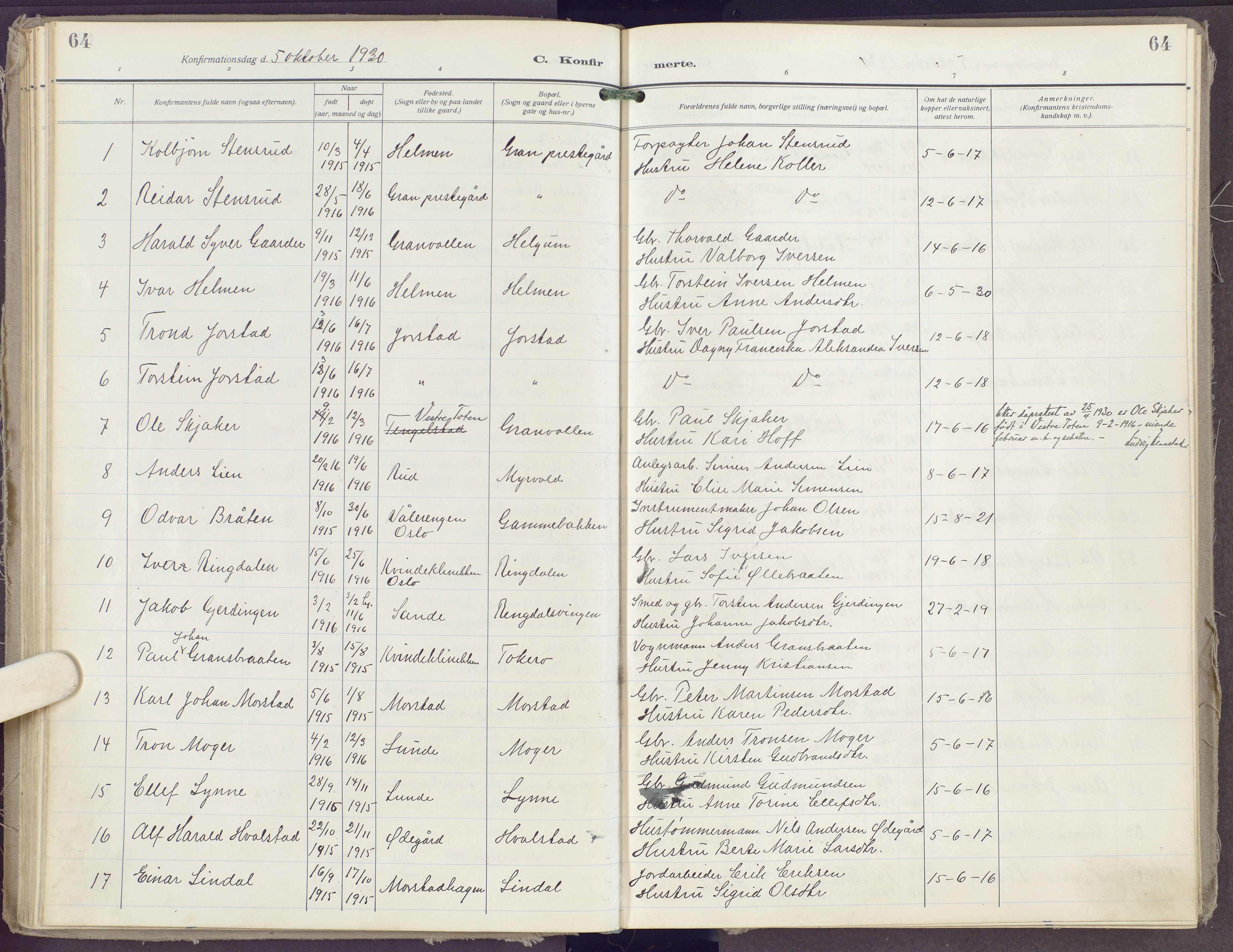 Gran prestekontor, SAH/PREST-112/H/Ha/Haa/L0023: Parish register (official) no. 23, 1919-1938, p. 64
