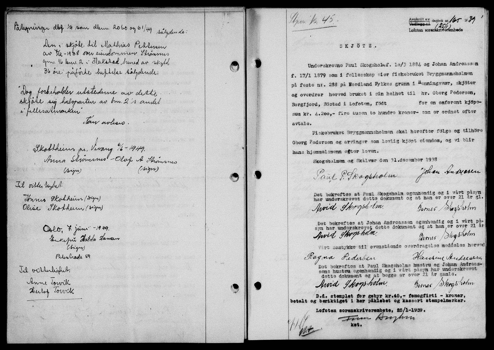 Lofoten sorenskriveri, SAT/A-0017/1/2/2C/L0005a: Mortgage book no. 5a, 1939-1939, Diary no: : 165/1939