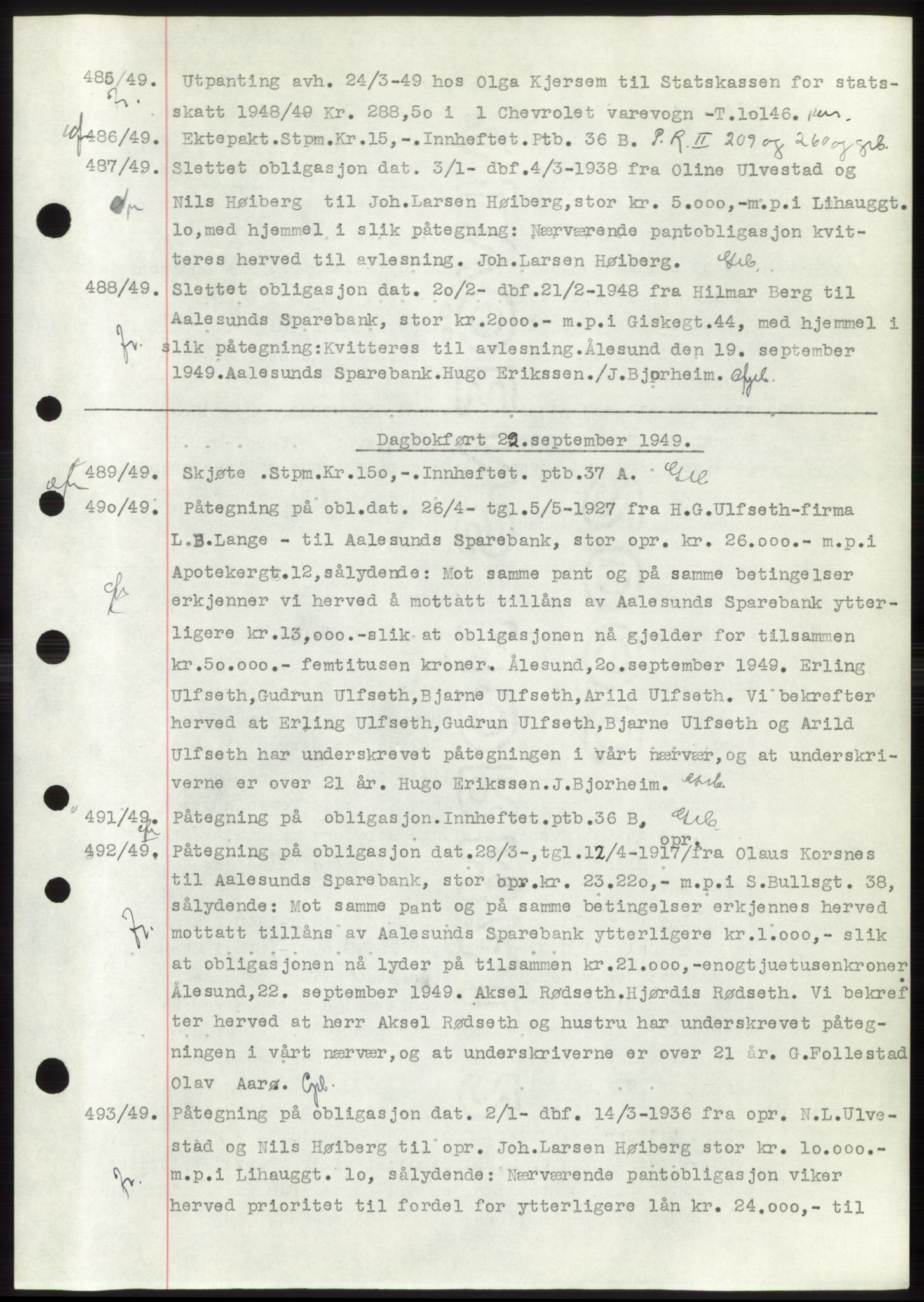 Ålesund byfogd, AV/SAT-A-4384: Mortgage book no. C34-35, 1946-1950, Diary no: : 485/1949