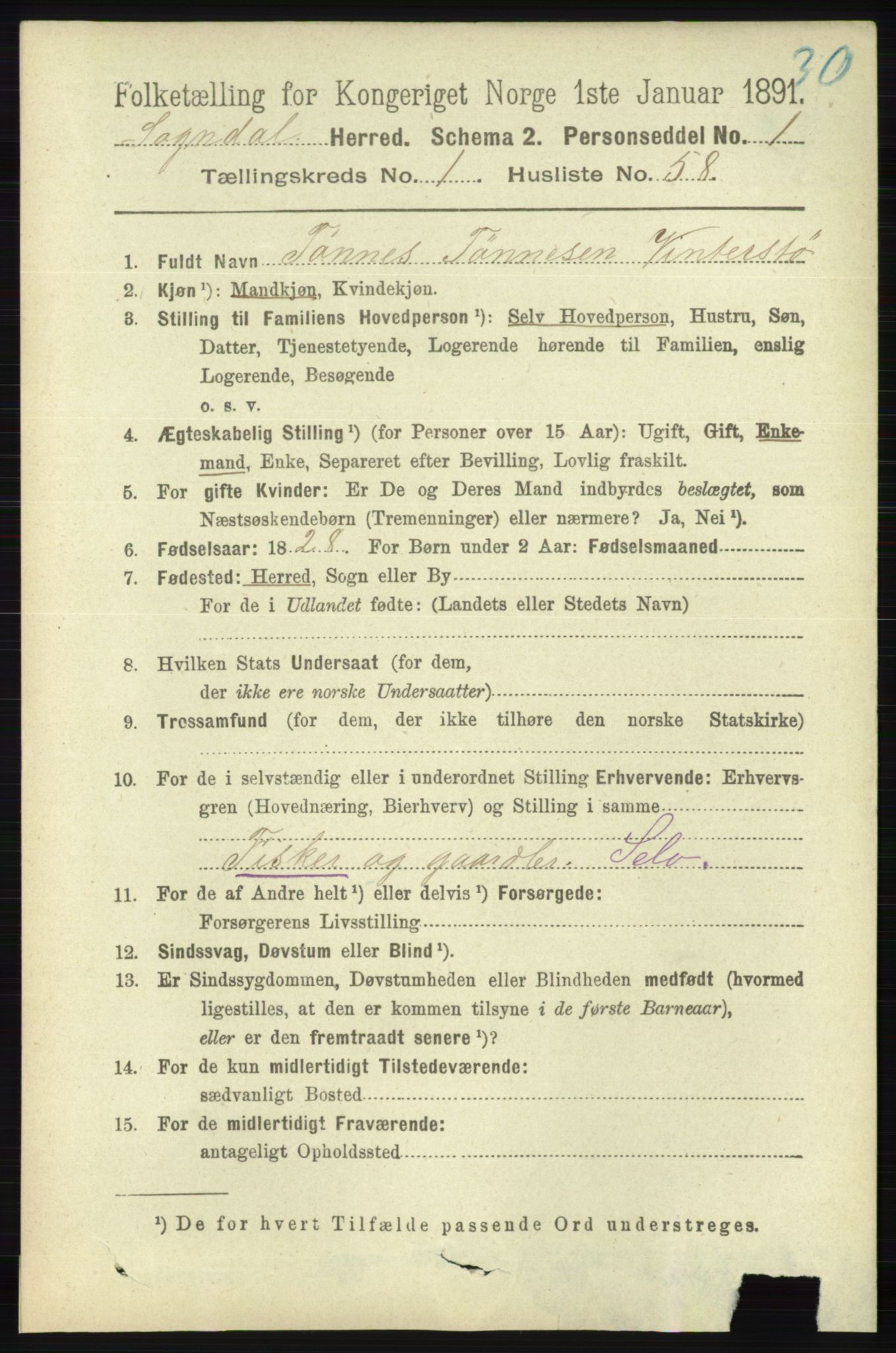 RA, 1891 census for 1111 Sokndal, 1891, p. 422