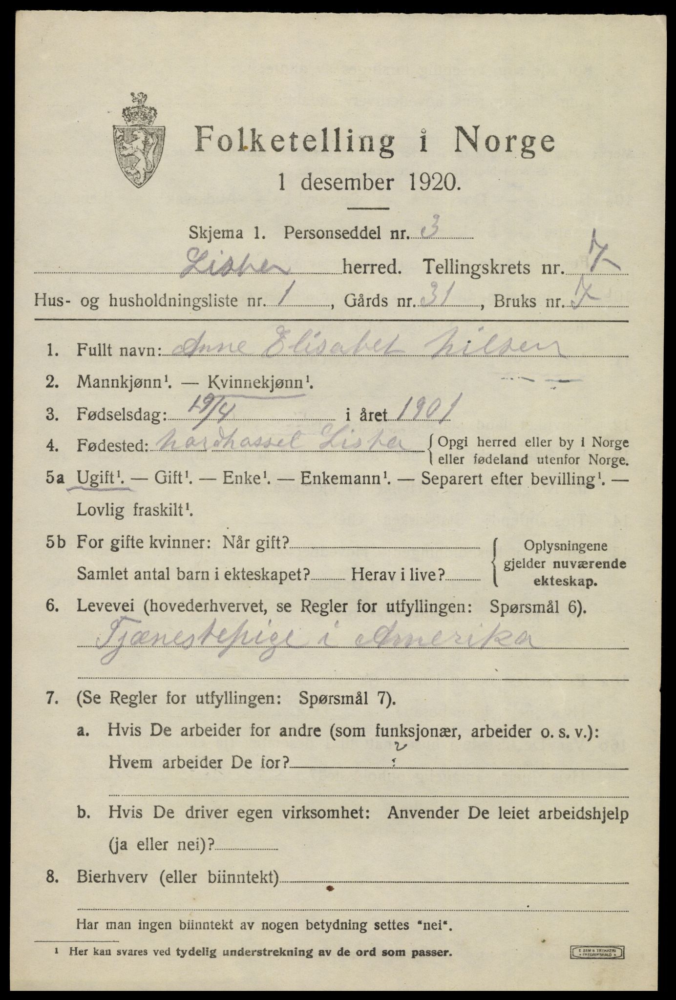 SAK, 1920 census for Lista, 1920, p. 6971