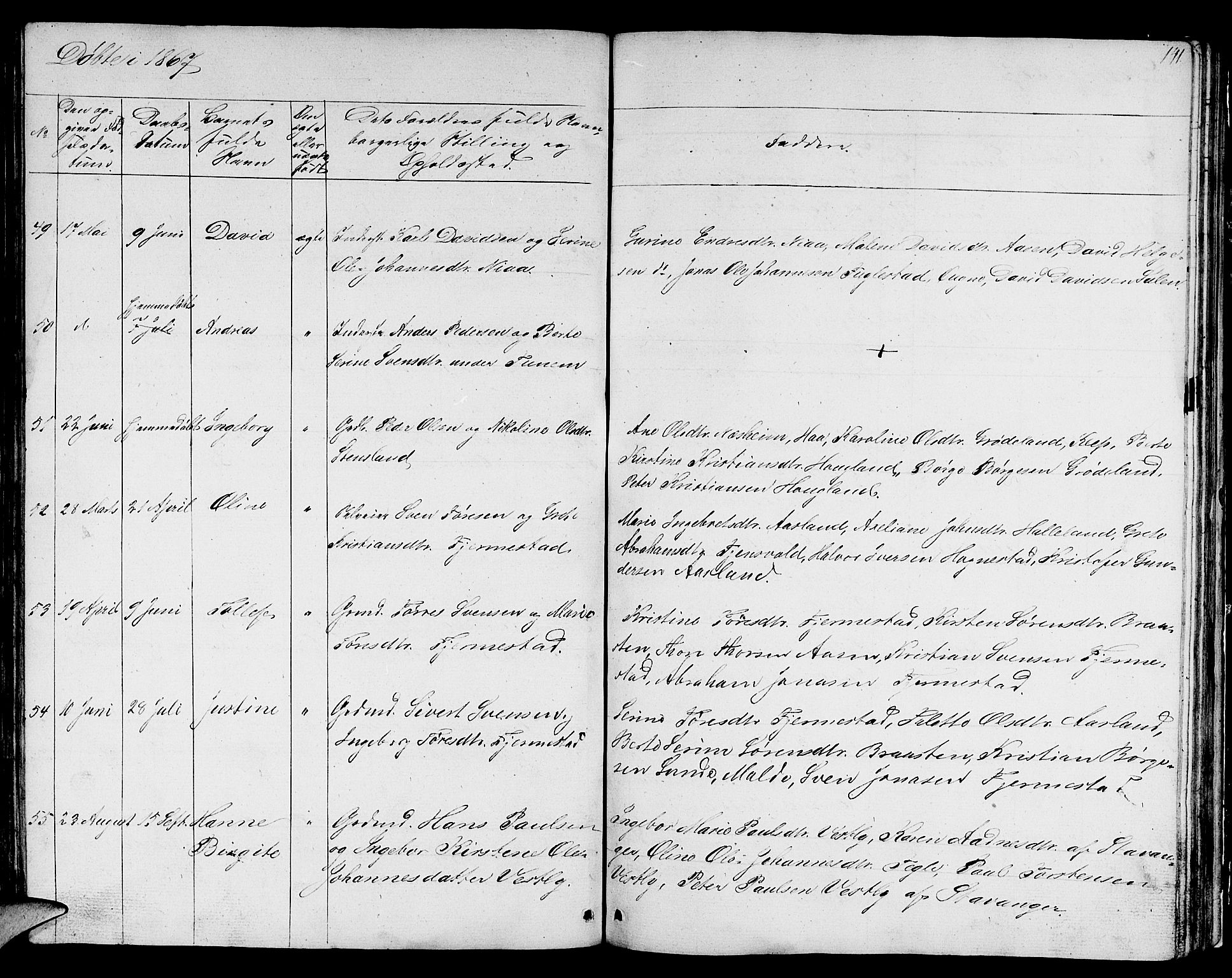 Lye sokneprestkontor, AV/SAST-A-101794/001/30BB/L0002: Parish register (copy) no. B 2, 1852-1867, p. 141