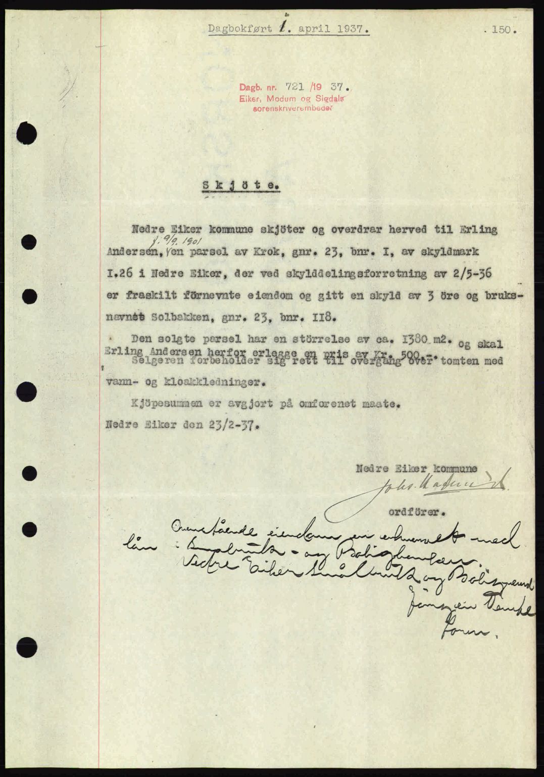 Eiker, Modum og Sigdal sorenskriveri, SAKO/A-123/G/Ga/Gab/L0035: Mortgage book no. A5, 1937-1937, Diary no: : 721/1937