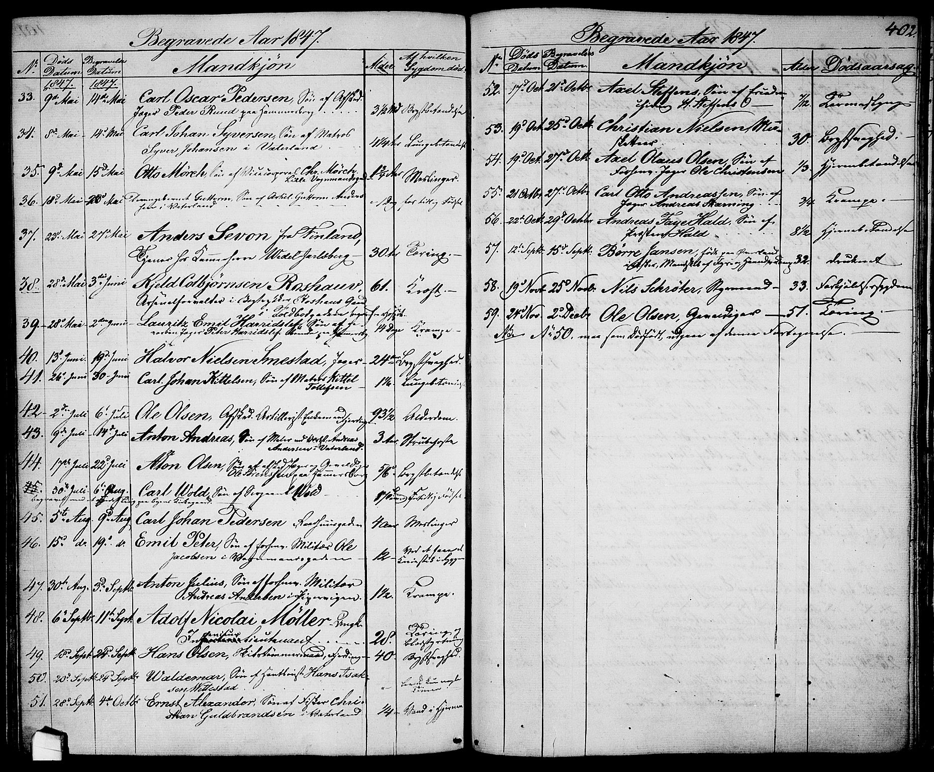 Garnisonsmenigheten Kirkebøker, AV/SAO-A-10846/G/Ga/L0005: Parish register (copy) no. 5, 1841-1860, p. 402