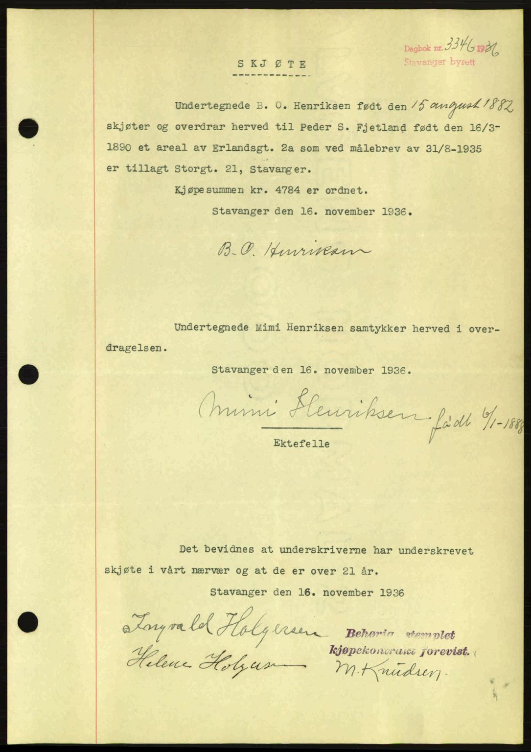 Stavanger byrett, SAST/A-100455/002/G/Gb/L0012: Mortgage book no. A2, 1936-1937, Diary no: : 3346/1936