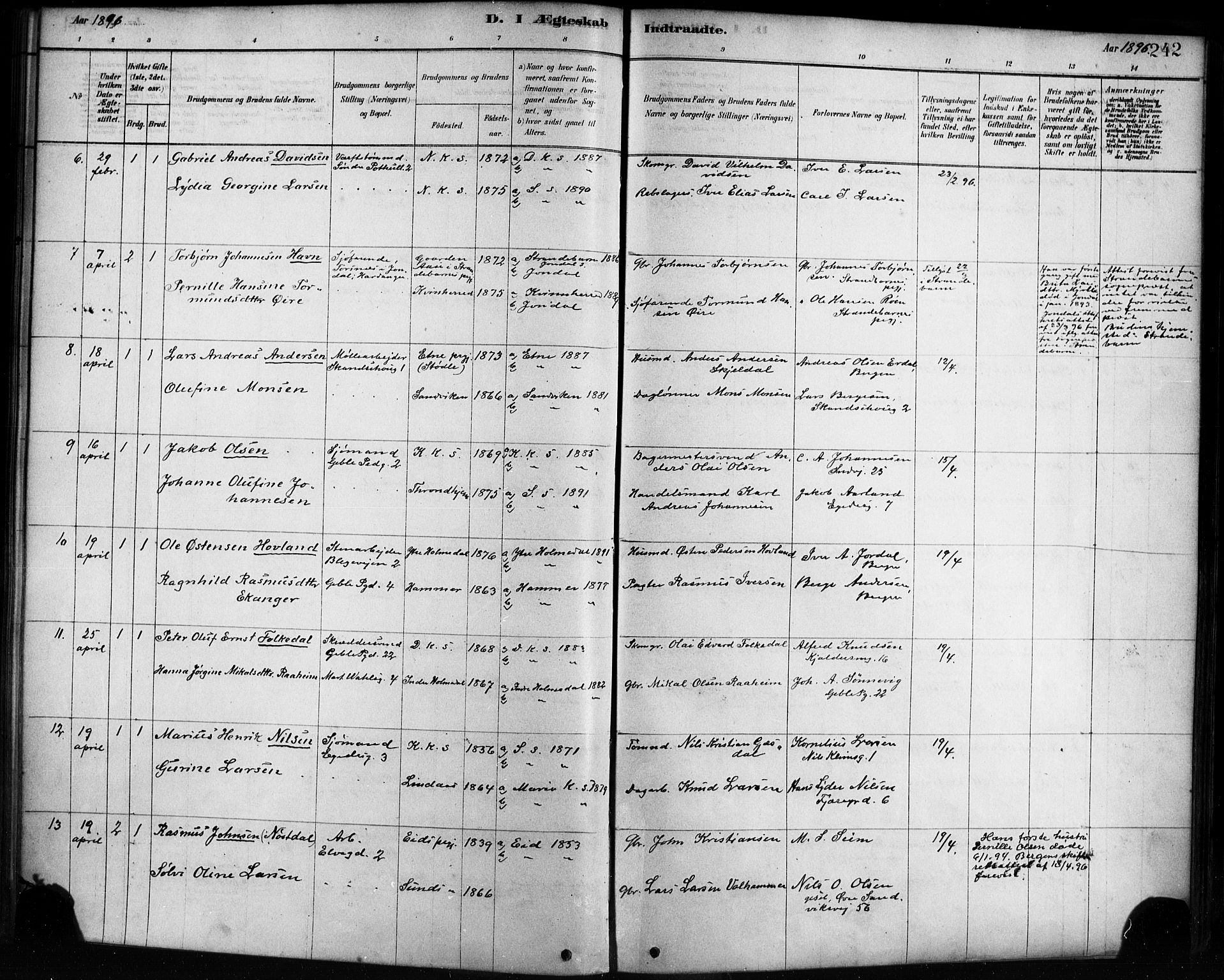 Sandviken Sokneprestembete, AV/SAB-A-77601/H/Ha/L0002: Parish register (official) no. A 2, 1878-1896, p. 242