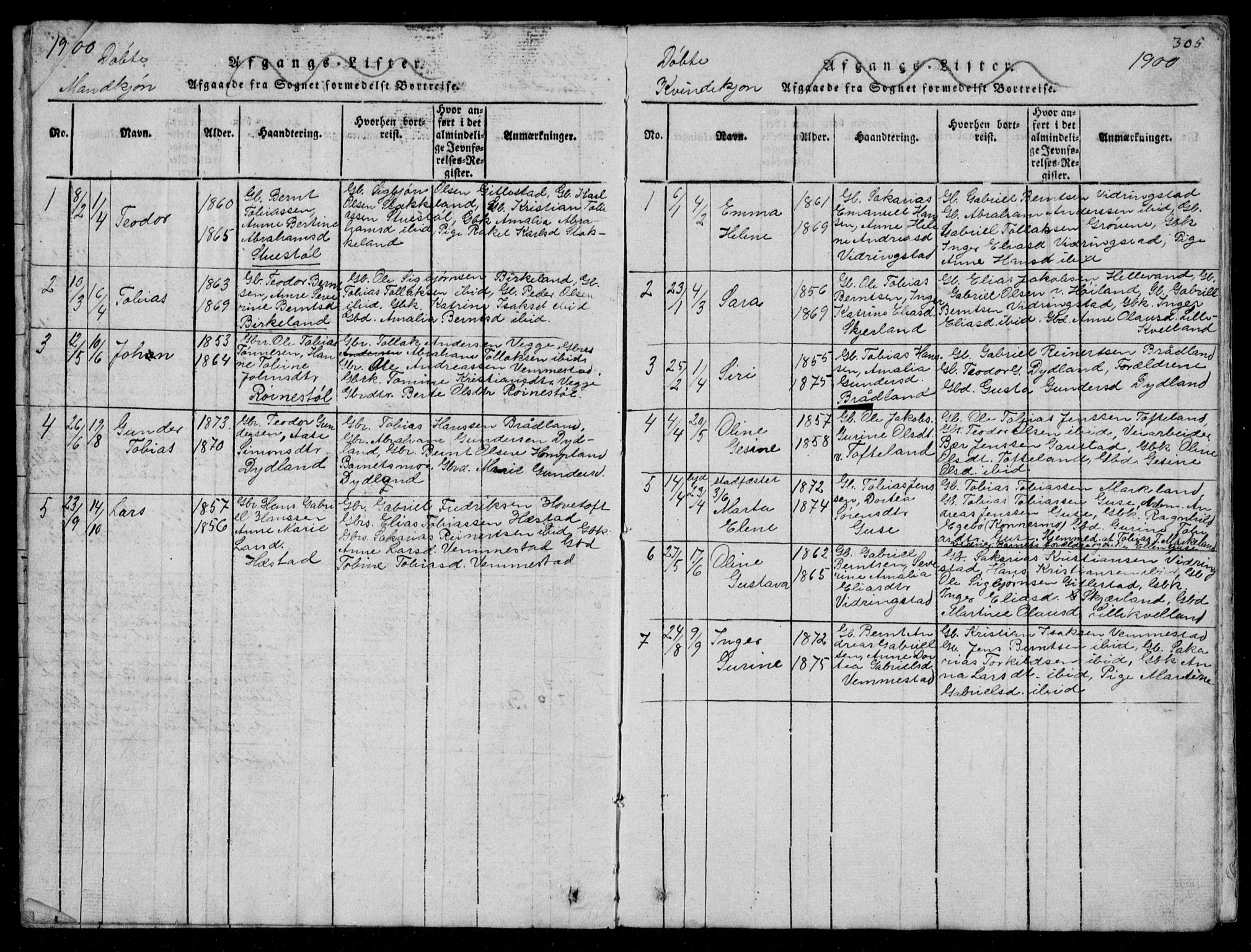 Lyngdal sokneprestkontor, AV/SAK-1111-0029/F/Fb/Fbb/L0001: Parish register (copy) no. B 1, 1816-1900, p. 305