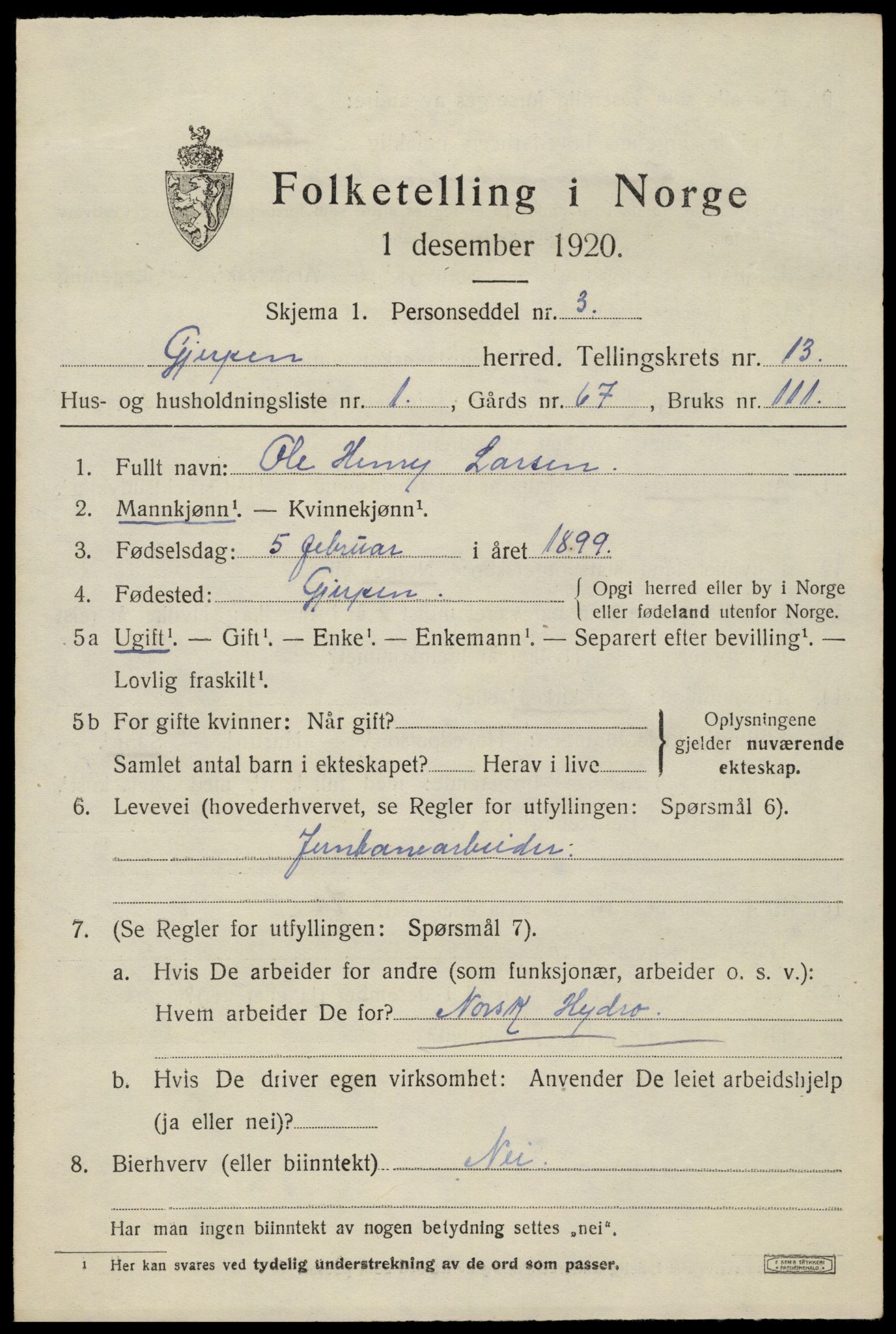 SAKO, 1920 census for Gjerpen, 1920, p. 14036