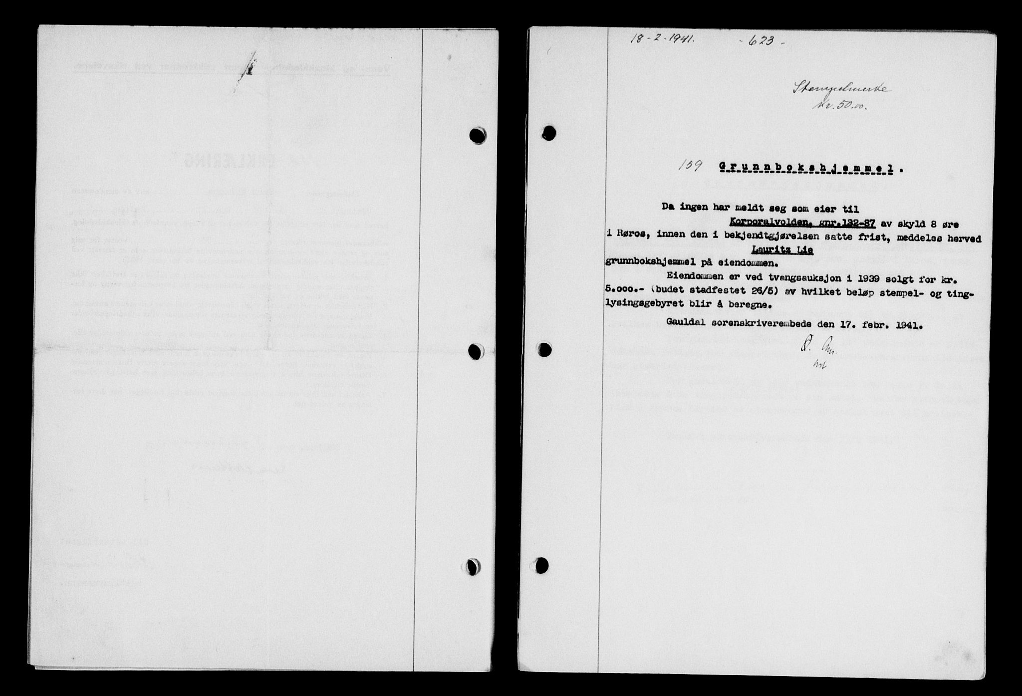Gauldal sorenskriveri, SAT/A-0014/1/2/2C/L0052: Mortgage book no. 57, 1940-1941, Diary no: : 159/1941