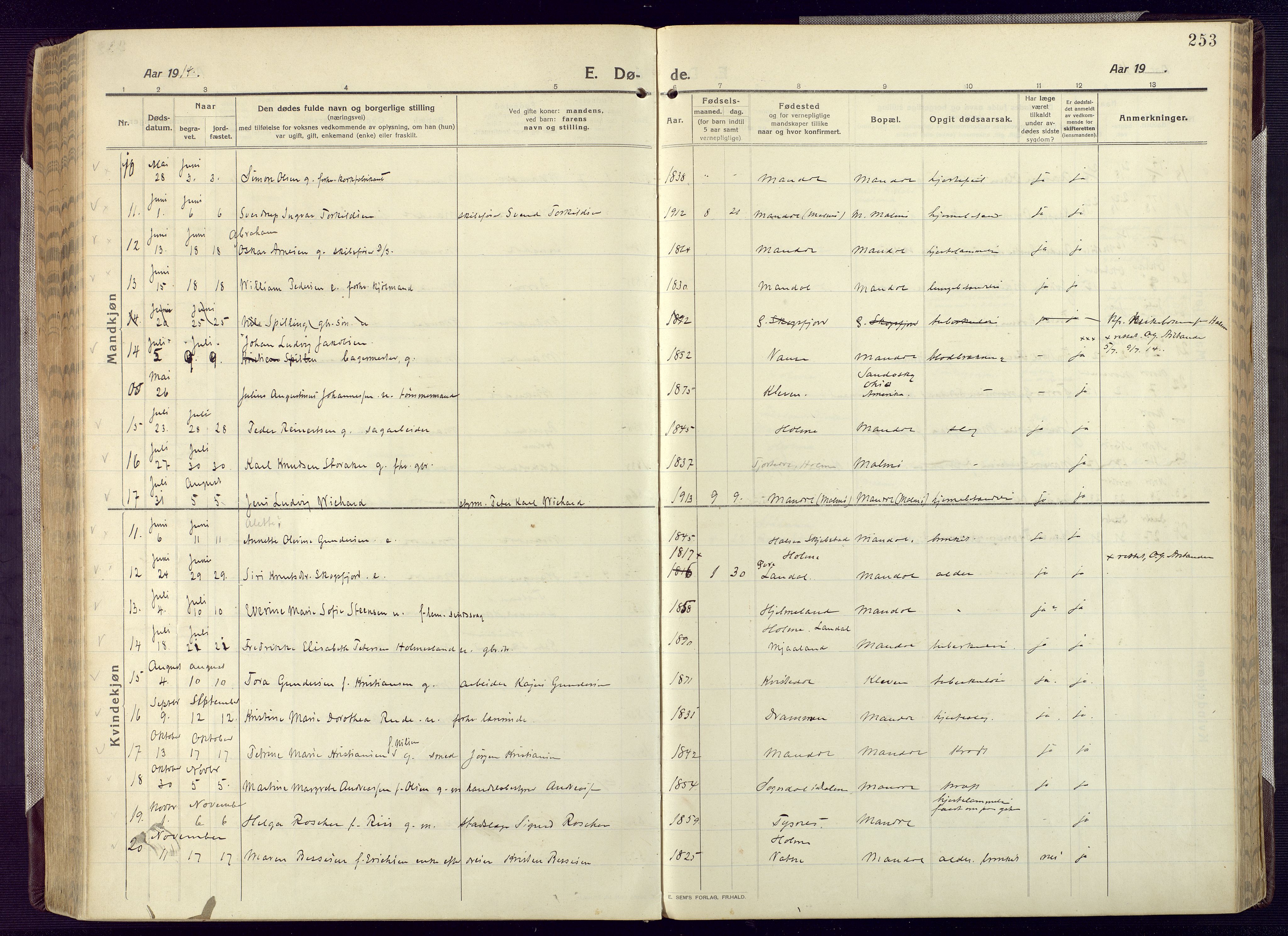 Mandal sokneprestkontor, AV/SAK-1111-0030/F/Fa/Fac/L0001: Parish register (official) no. A 1, 1913-1925, p. 253