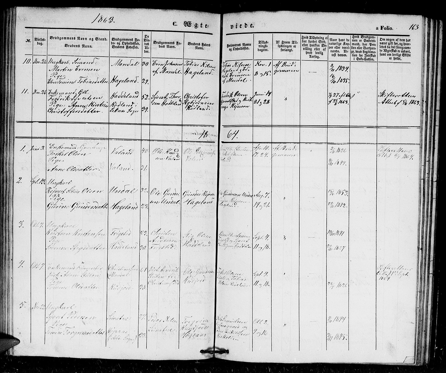 Holum sokneprestkontor, SAK/1111-0022/F/Fb/Fba/L0003: Parish register (copy) no. B 3, 1850-1866, p. 163