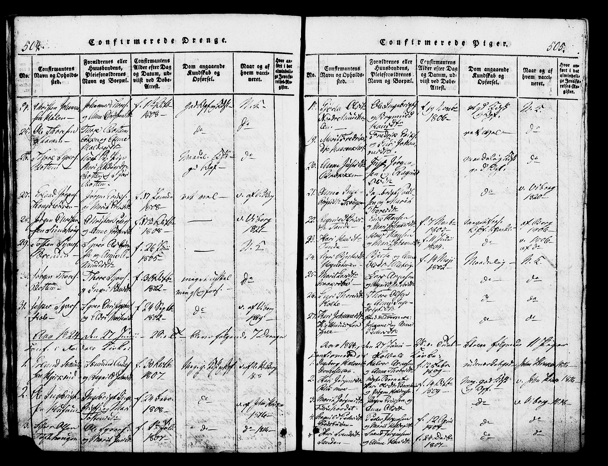 Lesja prestekontor, SAH/PREST-068/H/Ha/Hab/L0001: Parish register (copy) no. 1, 1820-1831, p. 504-505
