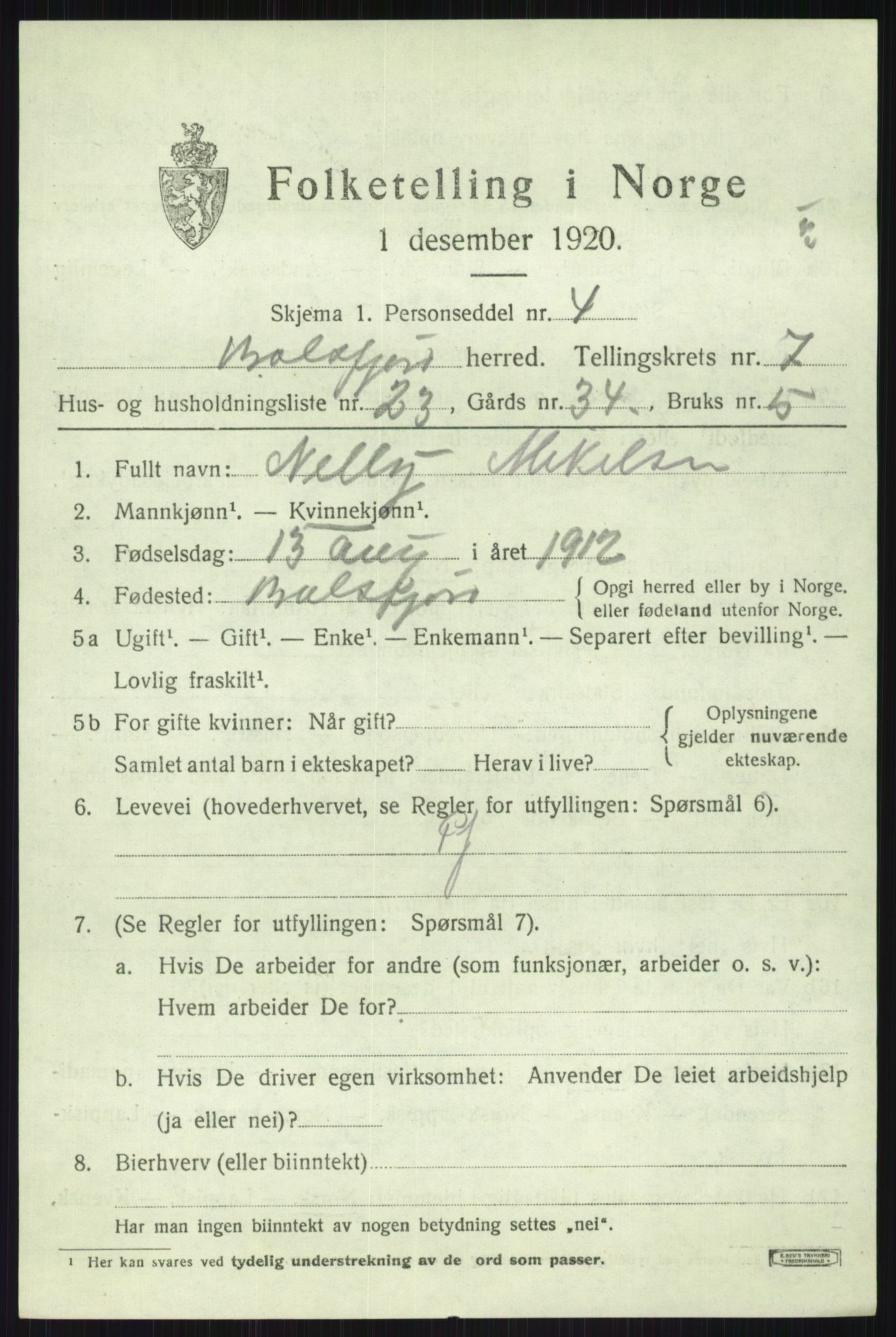 SATØ, 1920 census for Balsfjord, 1920, p. 4468