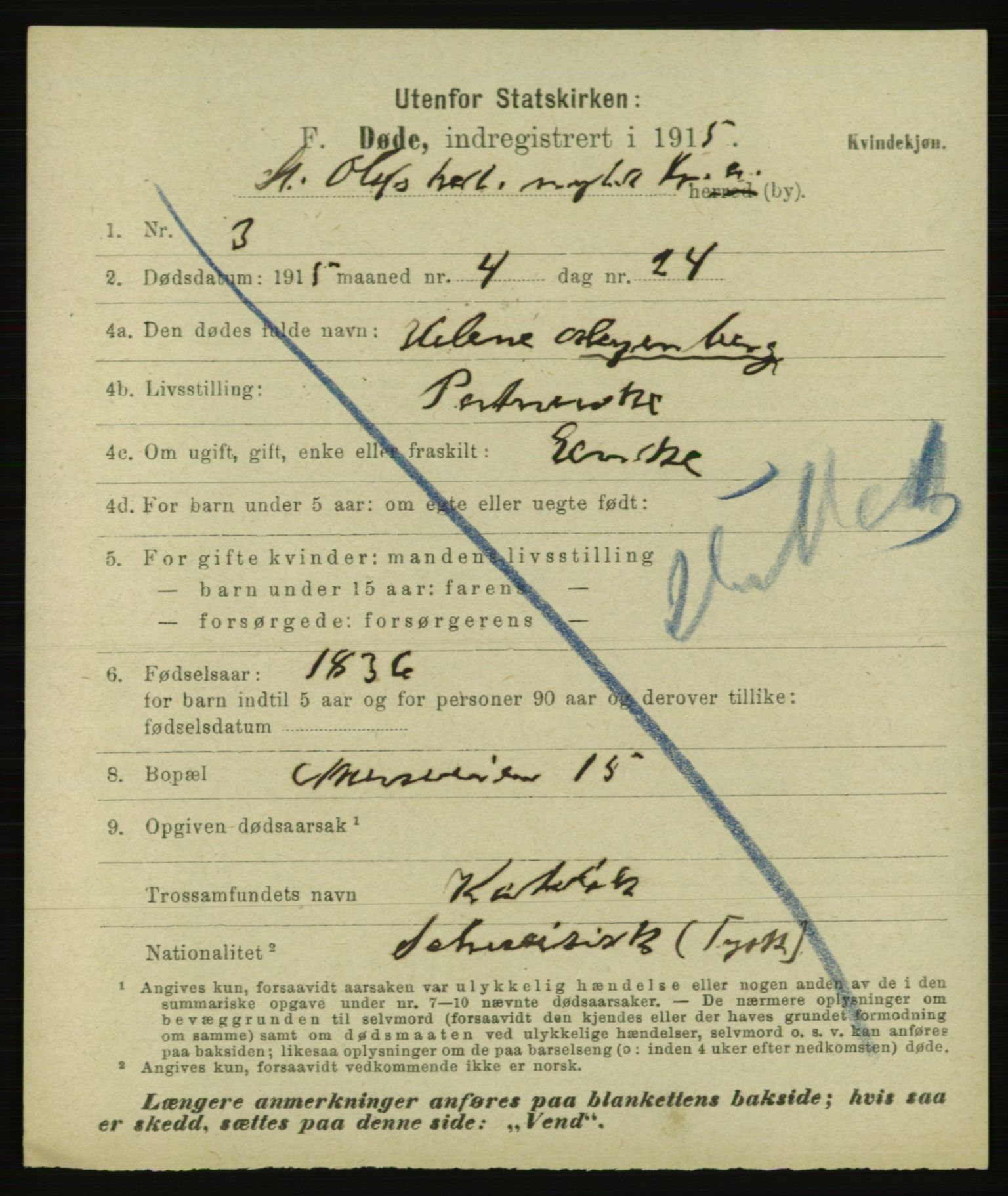 Statistisk sentralbyrå, Sosiodemografiske emner, Befolkning, AV/RA-S-2228/E/L0013: Fødte, gifte, døde dissentere., 1915, p. 3359