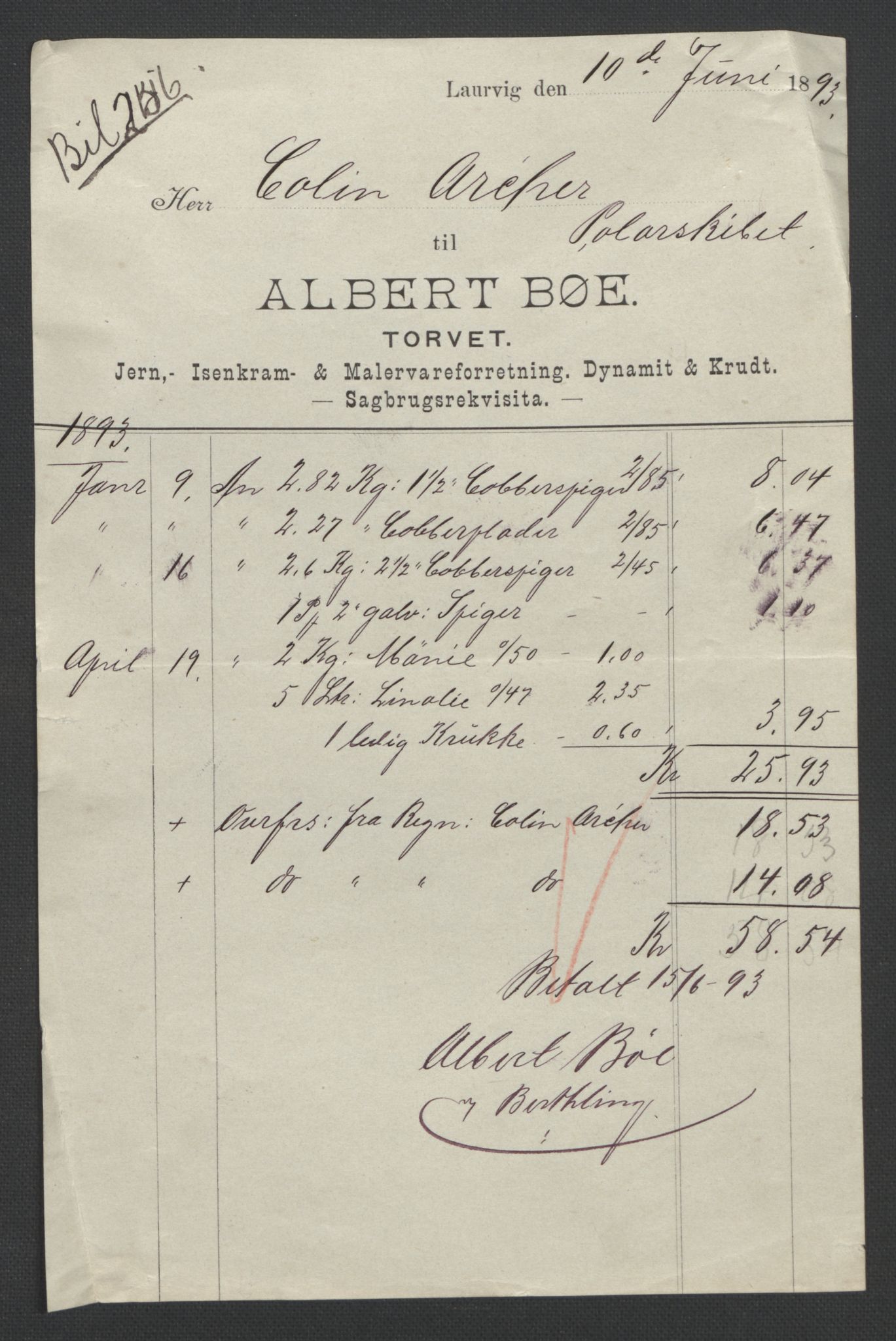 Arbeidskomitéen for Fridtjof Nansens polarekspedisjon, AV/RA-PA-0061/R/L0006: Colin Archers regnskap m. bilag, 1891-1893, p. 5