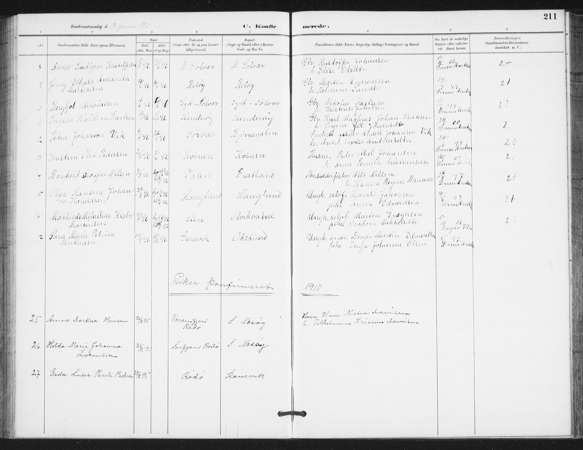 Ministerialprotokoller, klokkerbøker og fødselsregistre - Nordland, AV/SAT-A-1459/839/L0573: Parish register (copy) no. 839C03, 1892-1917, p. 211