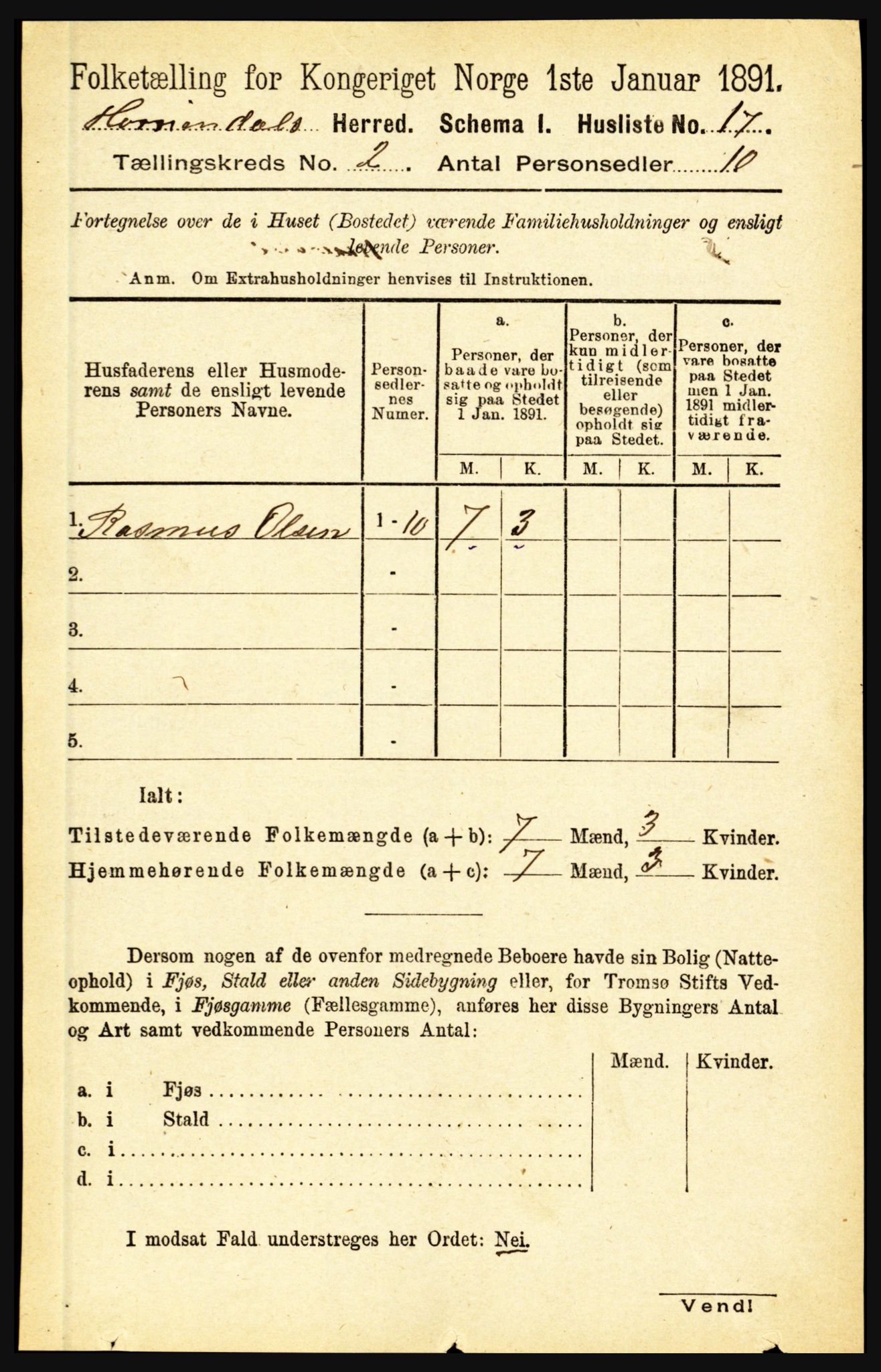 RA, 1891 census for 1444 Hornindal, 1891, p. 315