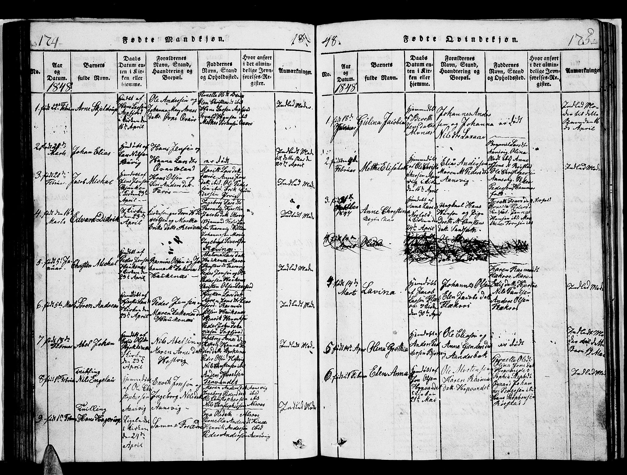 Ministerialprotokoller, klokkerbøker og fødselsregistre - Nordland, AV/SAT-A-1459/853/L0773: Parish register (copy) no. 853C01, 1821-1859, p. 174-175