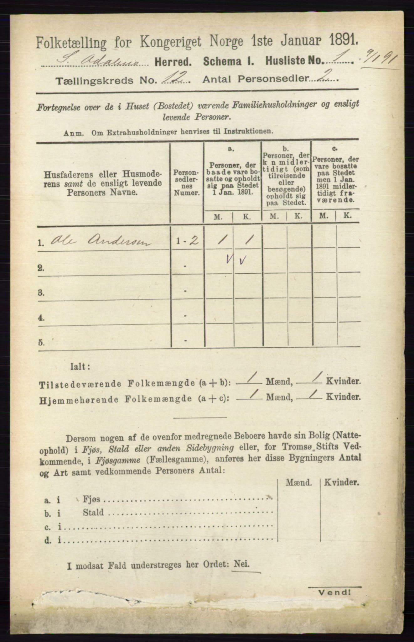 RA, 1891 census for 0419 Sør-Odal, 1891, p. 5367