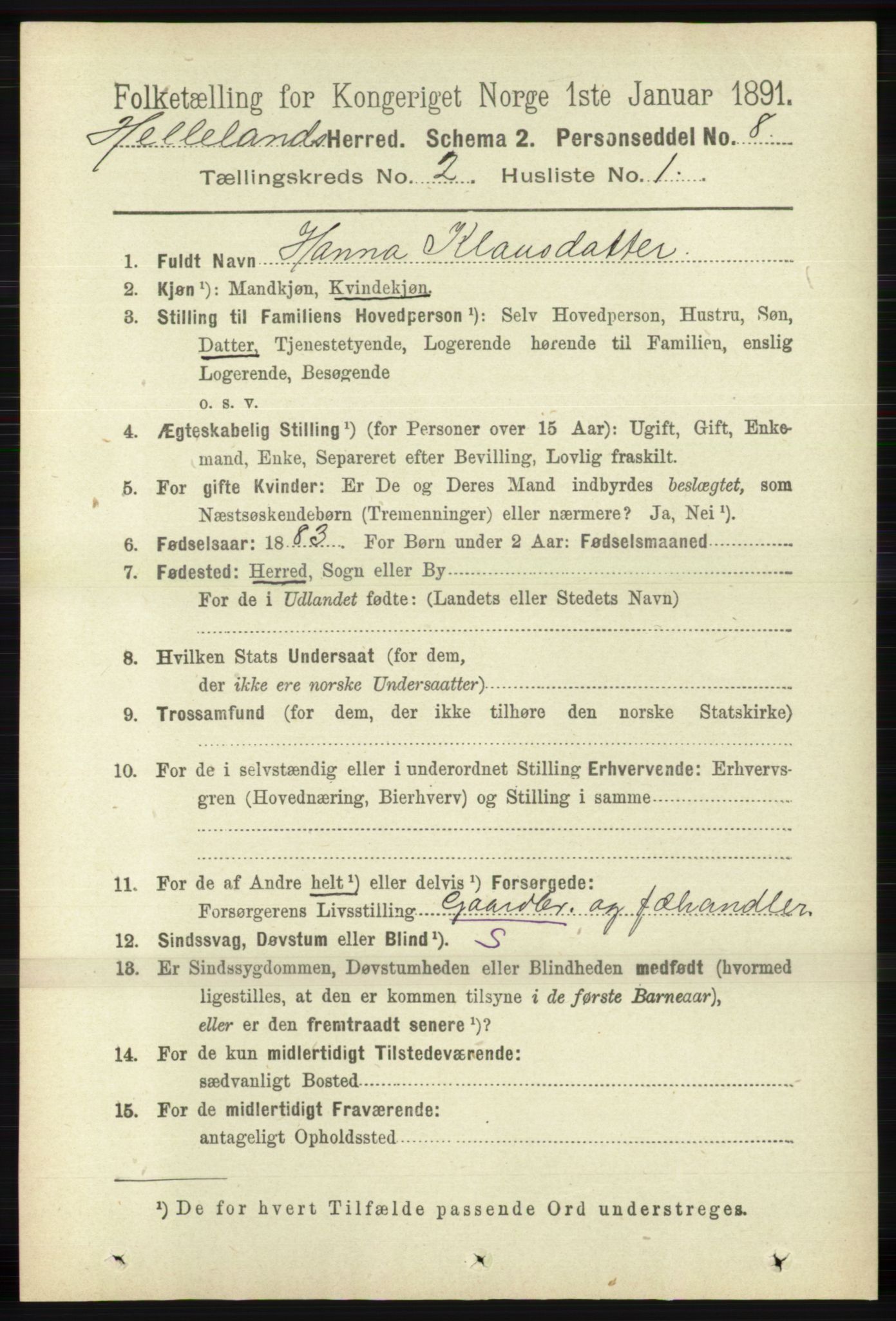 RA, 1891 census for 1115 Helleland, 1891, p. 442