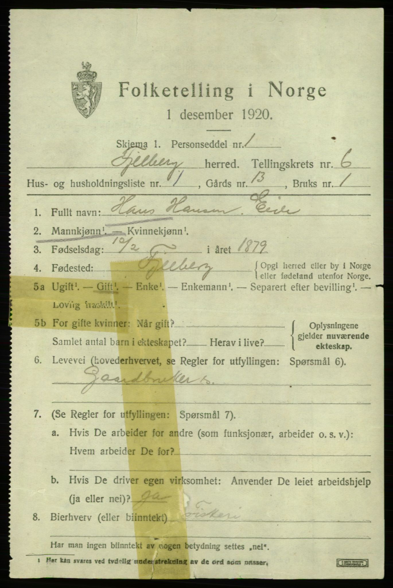 SAB, 1920 census for Fjelberg, 1920, p. 2181