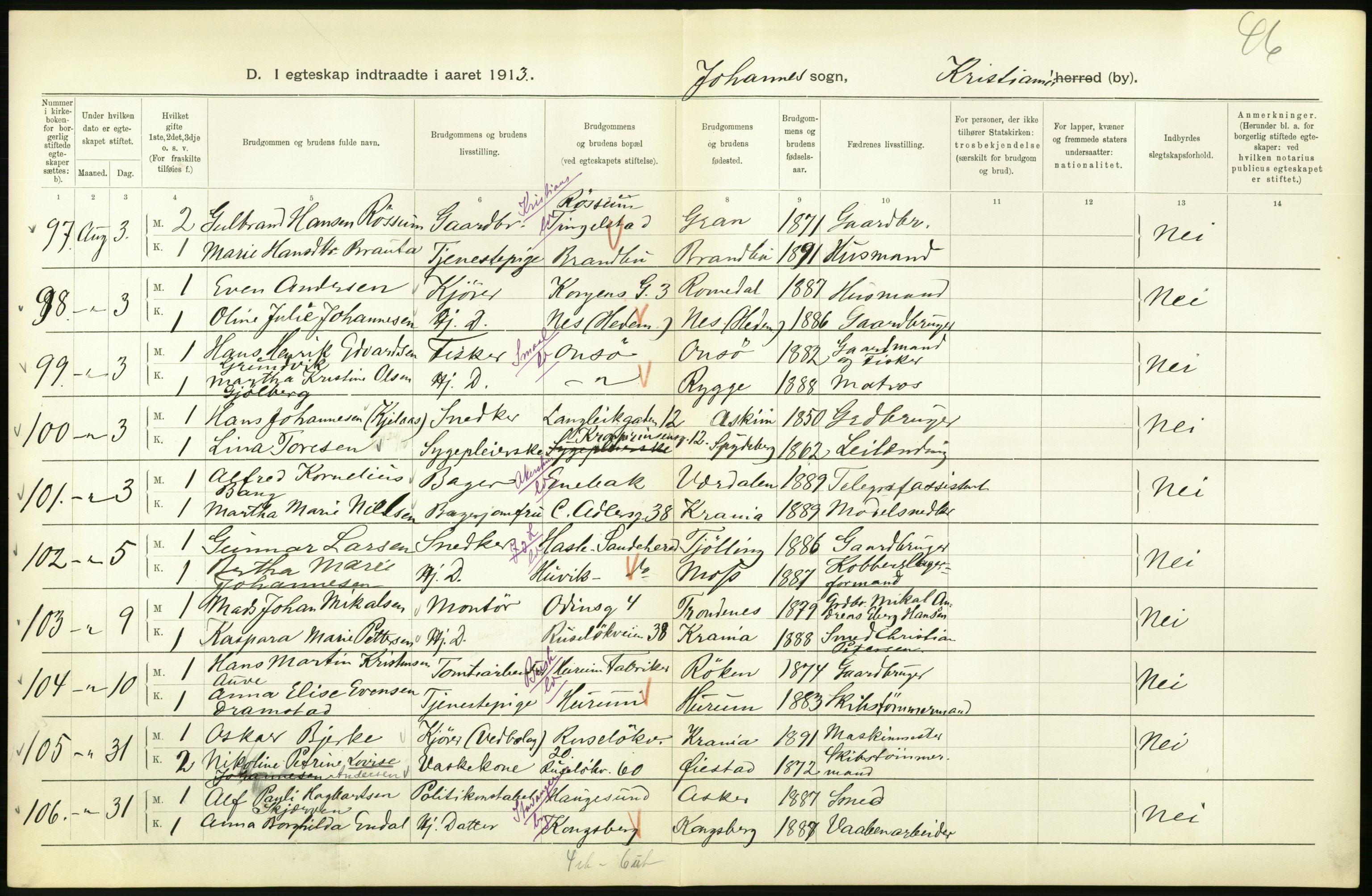 Statistisk sentralbyrå, Sosiodemografiske emner, Befolkning, AV/RA-S-2228/D/Df/Dfb/Dfbc/L0008: Kristiania: Gifte., 1913, p. 730