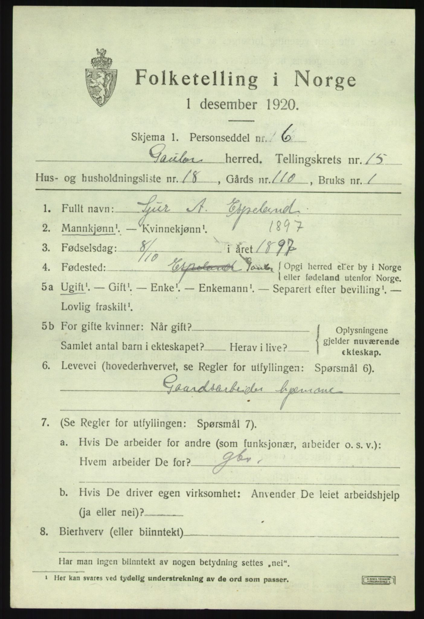 SAB, 1920 census for Gaular, 1920, p. 6890