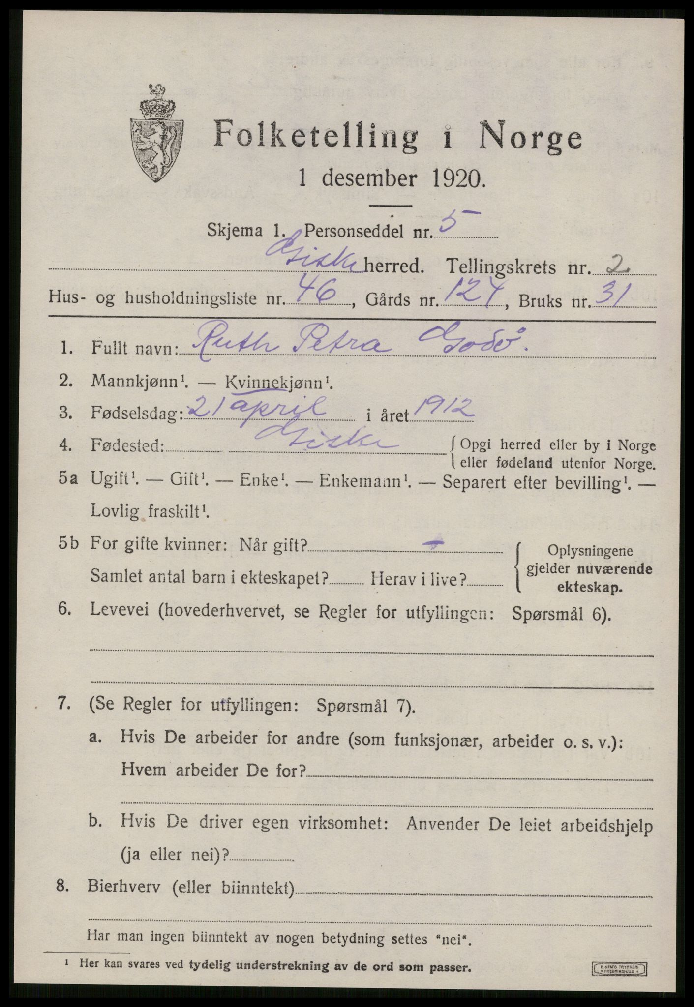 SAT, 1920 census for Giske, 1920, p. 1638