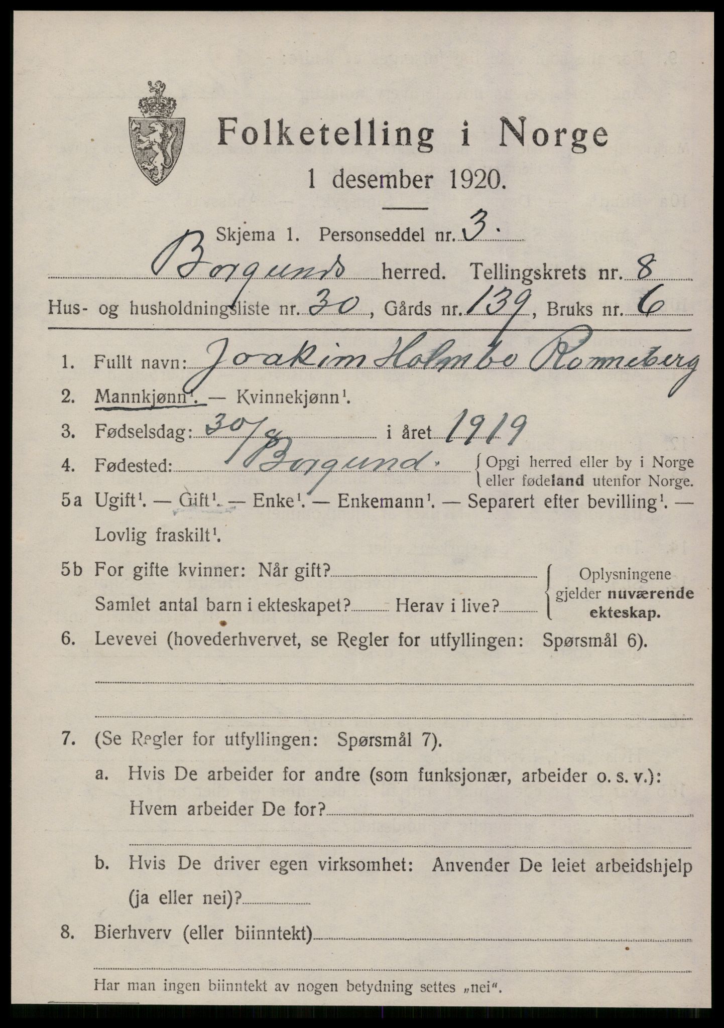 SAT, 1920 census for Borgund, 1920, p. 7914