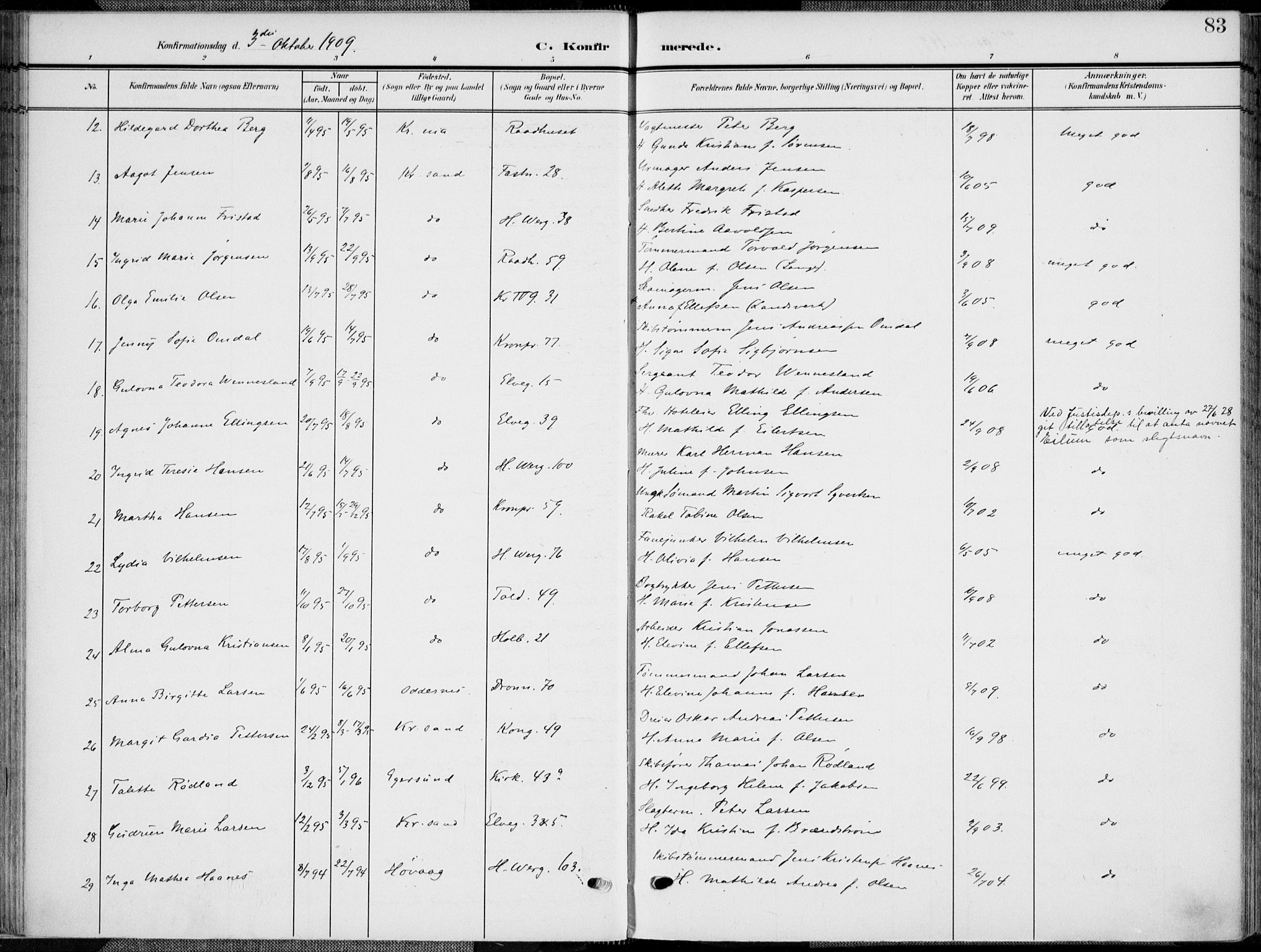 Kristiansand domprosti, SAK/1112-0006/F/Fa/L0022: Parish register (official) no. A 21, 1905-1916, p. 83