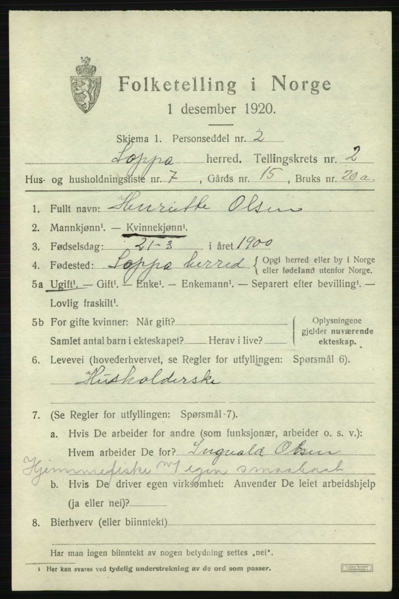 SATØ, 1920 census for Loppa, 1920, p. 886