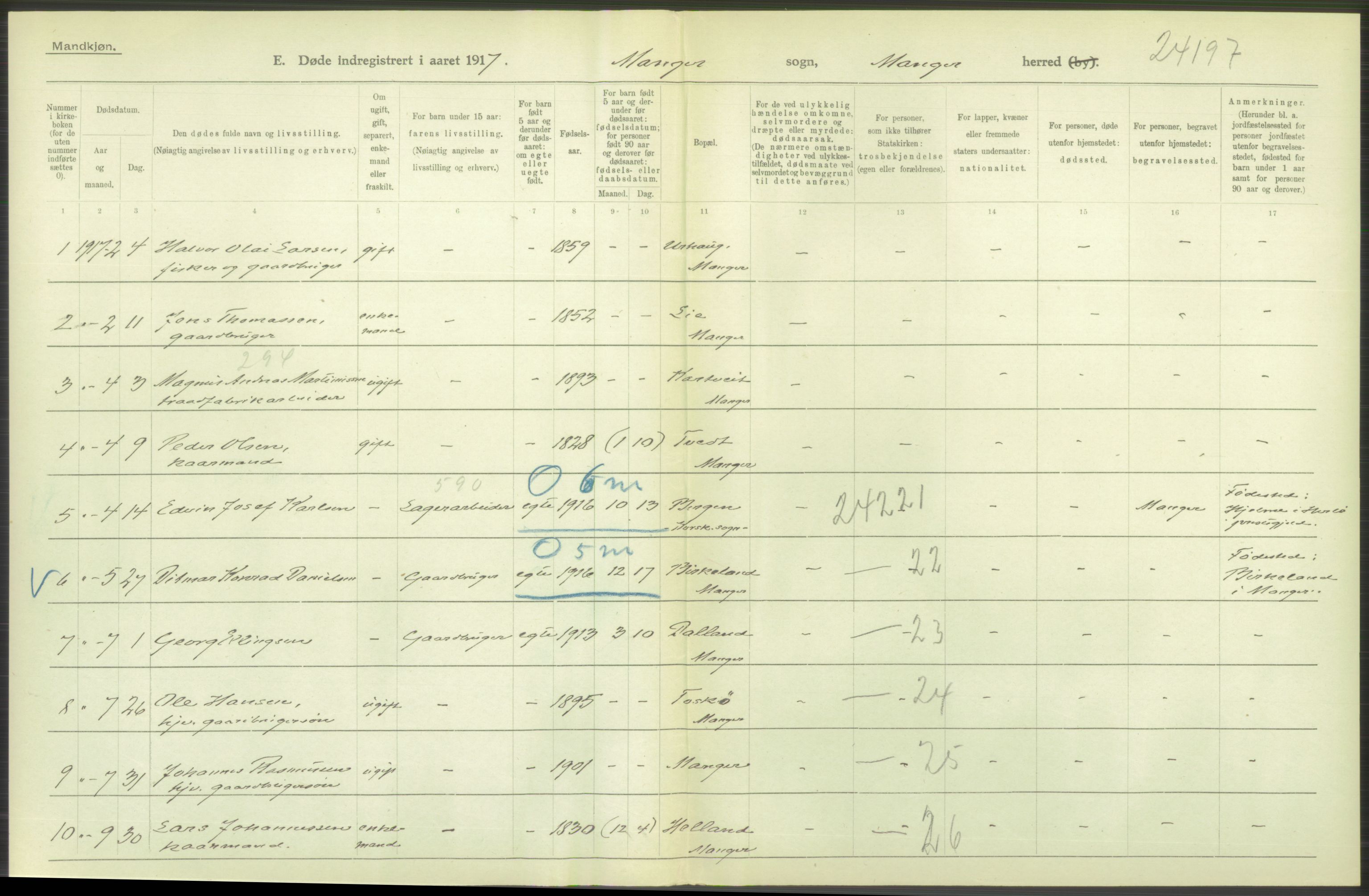 Statistisk sentralbyrå, Sosiodemografiske emner, Befolkning, RA/S-2228/D/Df/Dfb/Dfbg/L0036: S. Bergenhus amt: Døde, dødfødte. Bygder., 1917, p. 588