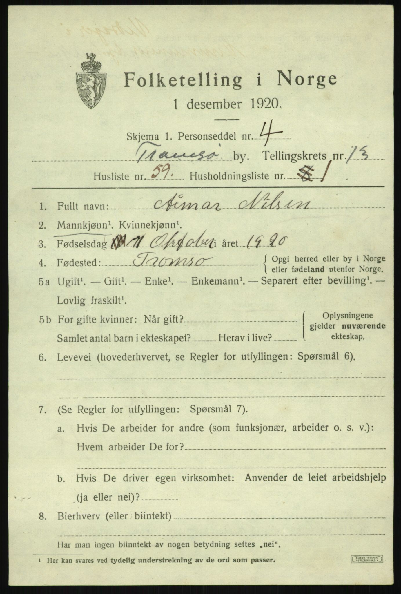 SATØ, 1920 census for Tromsø, 1920, p. 26195