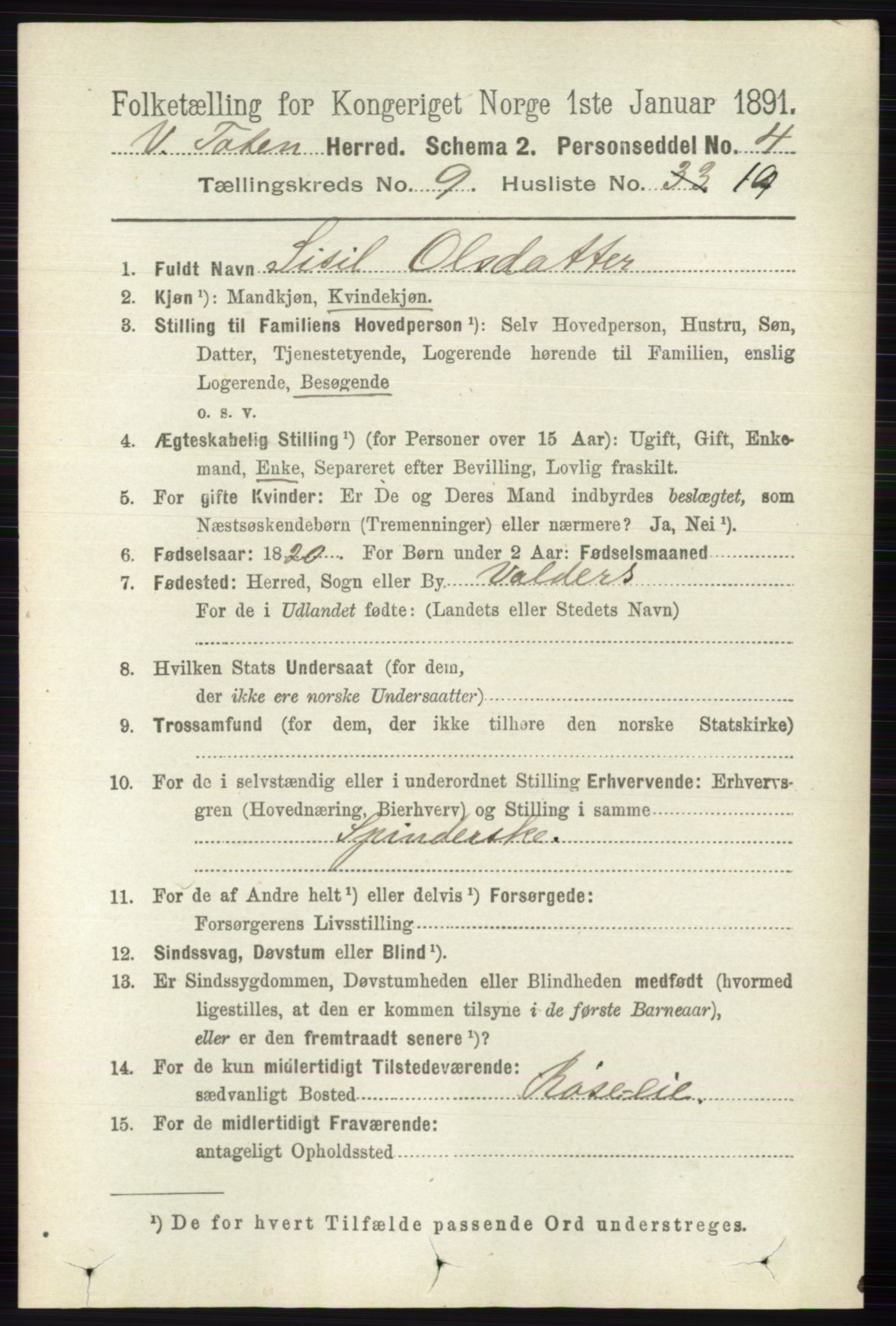 RA, 1891 census for 0529 Vestre Toten, 1891, p. 5669