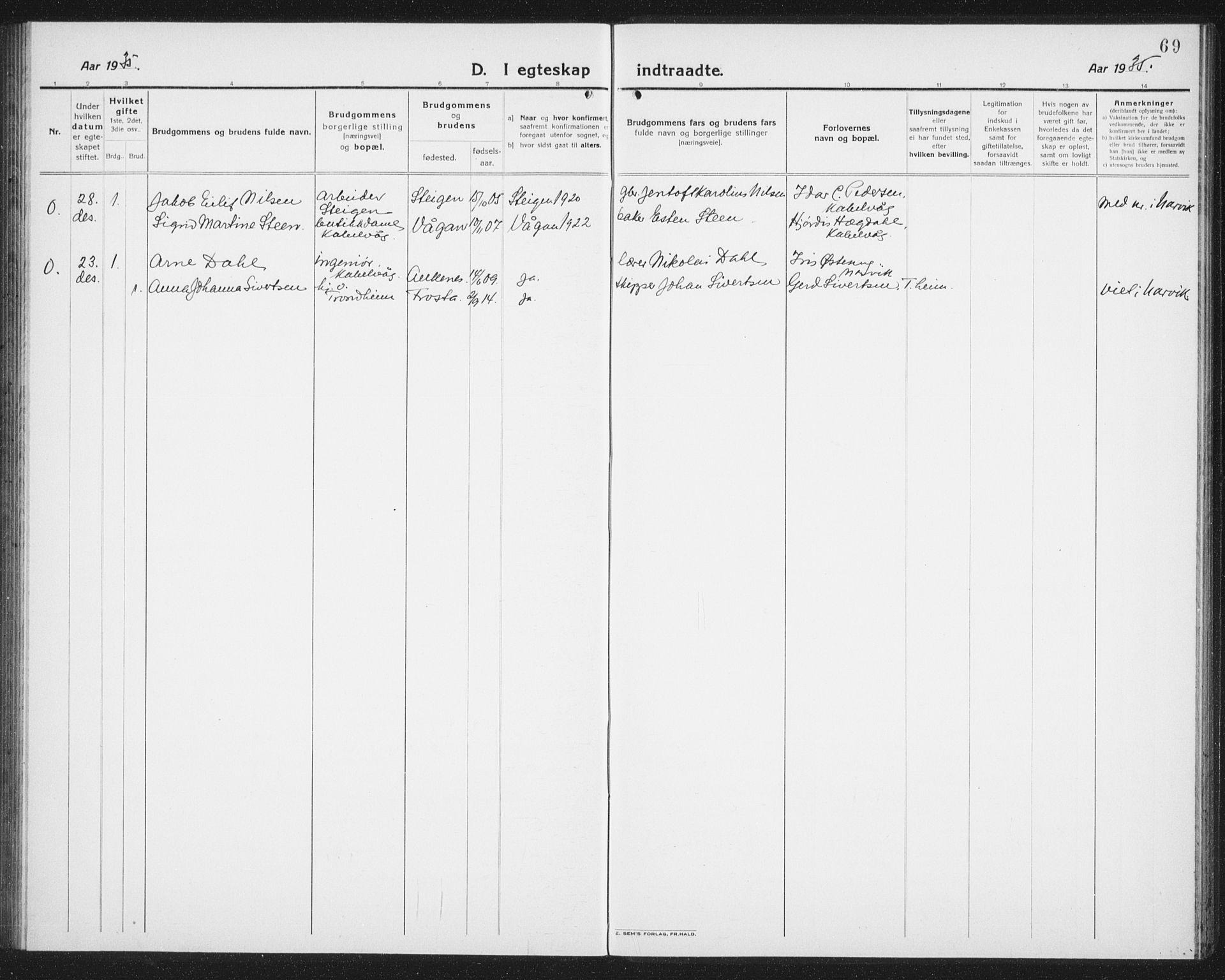 Ministerialprotokoller, klokkerbøker og fødselsregistre - Nordland, AV/SAT-A-1459/874/L1082: Parish register (copy) no. 874C11, 1920-1939, p. 69