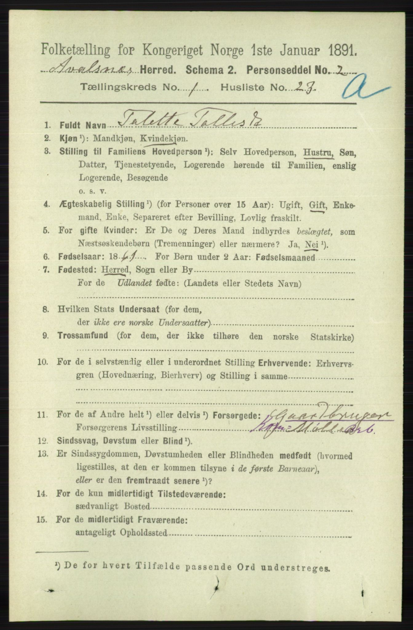 RA, 1891 census for 1147 Avaldsnes, 1891, p. 288