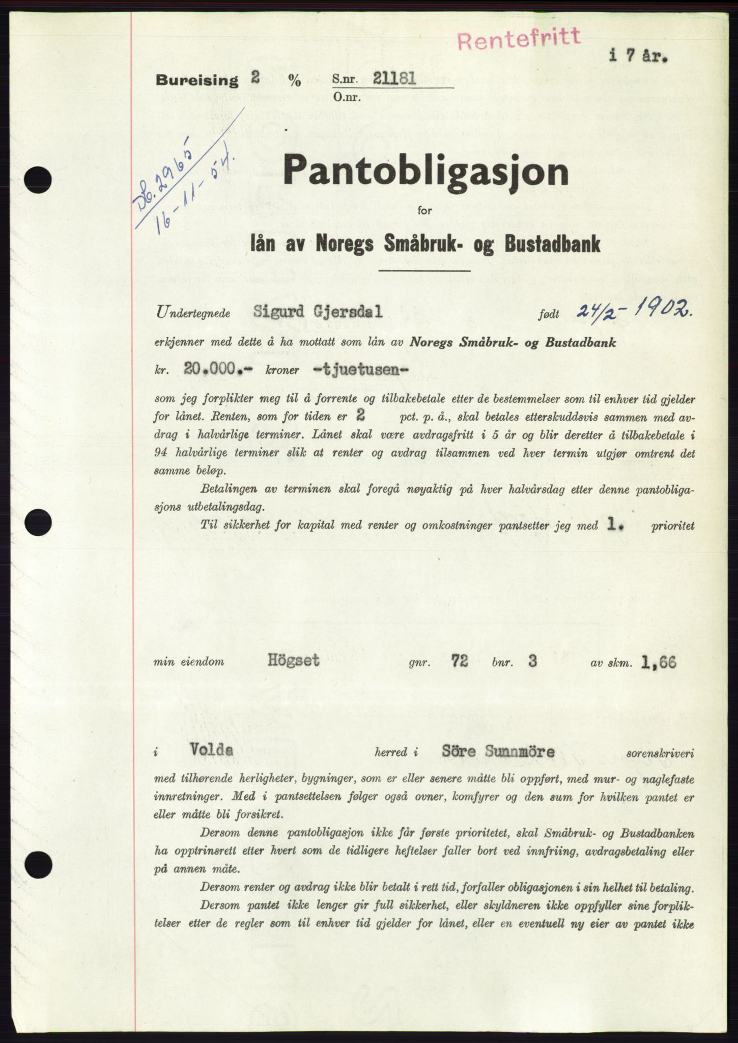 Søre Sunnmøre sorenskriveri, AV/SAT-A-4122/1/2/2C/L0126: Mortgage book no. 14B, 1954-1955, Diary no: : 2965/1954