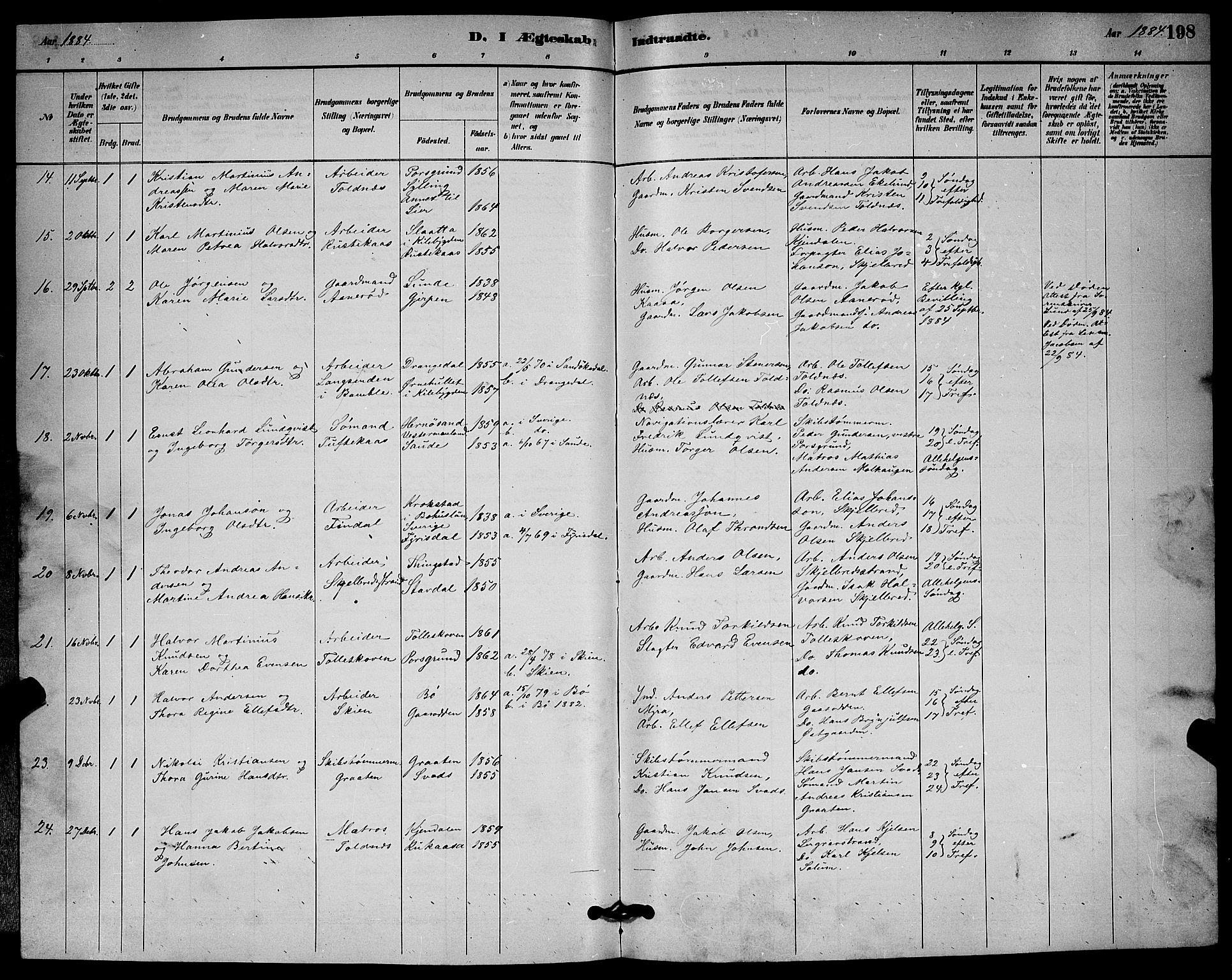 Solum kirkebøker, AV/SAKO-A-306/G/Ga/L0007: Parish register (copy) no. I 7, 1884-1898, p. 198