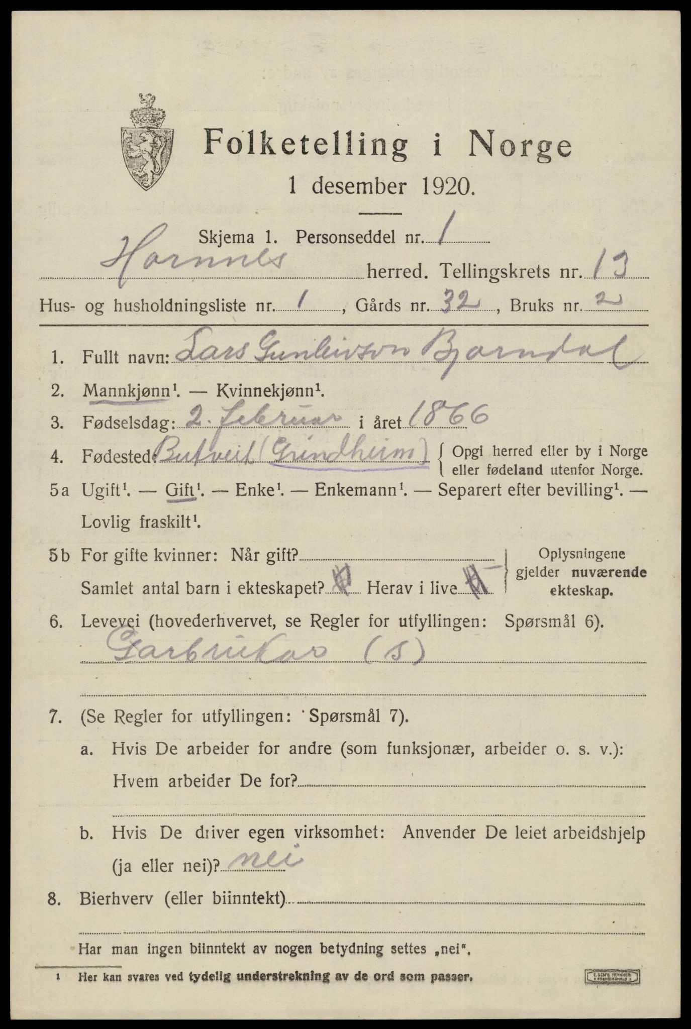 SAK, 1920 census for Hornnes, 1920, p. 3049