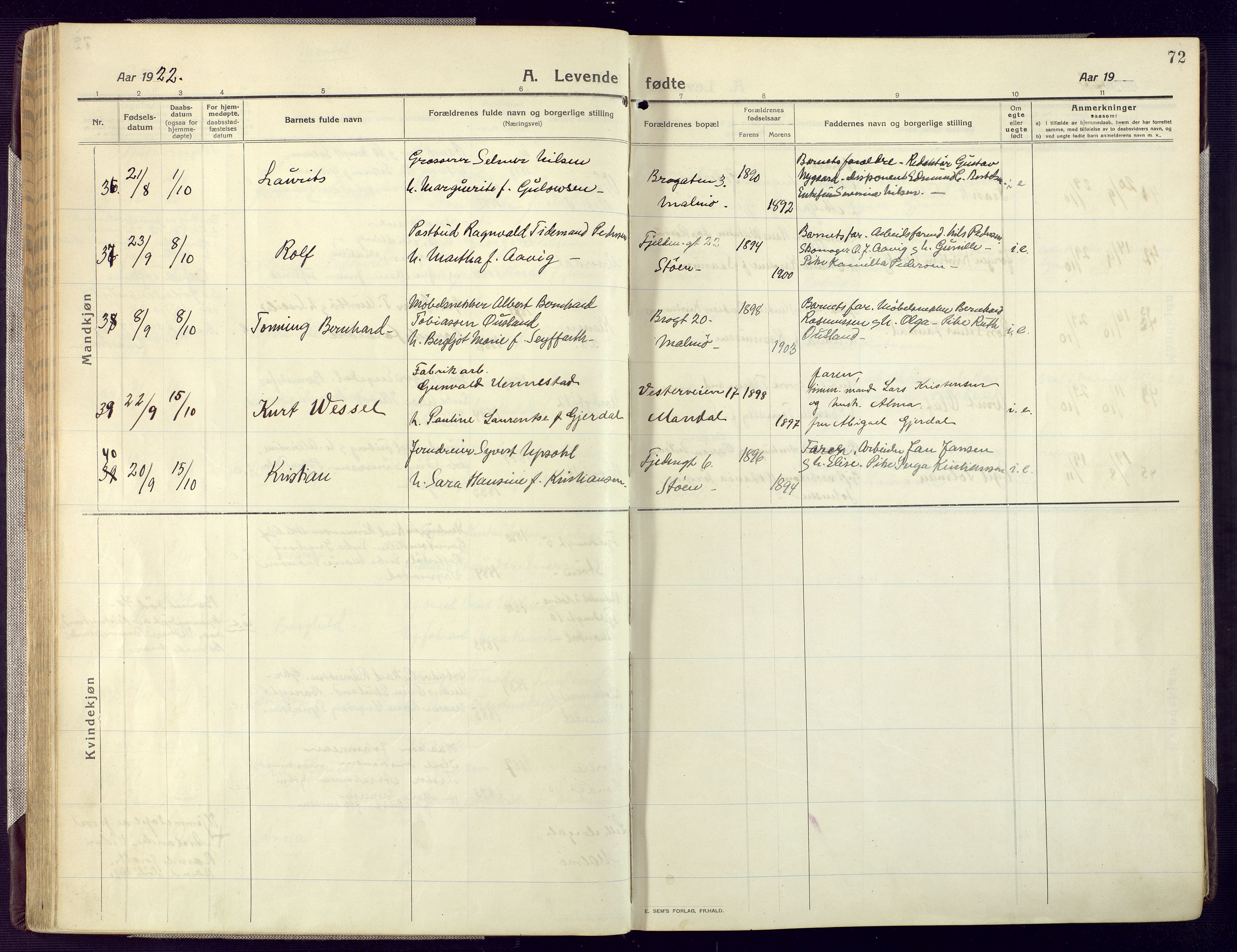 Mandal sokneprestkontor, AV/SAK-1111-0030/F/Fa/Fac/L0001: Parish register (official) no. A 1, 1913-1925, p. 72