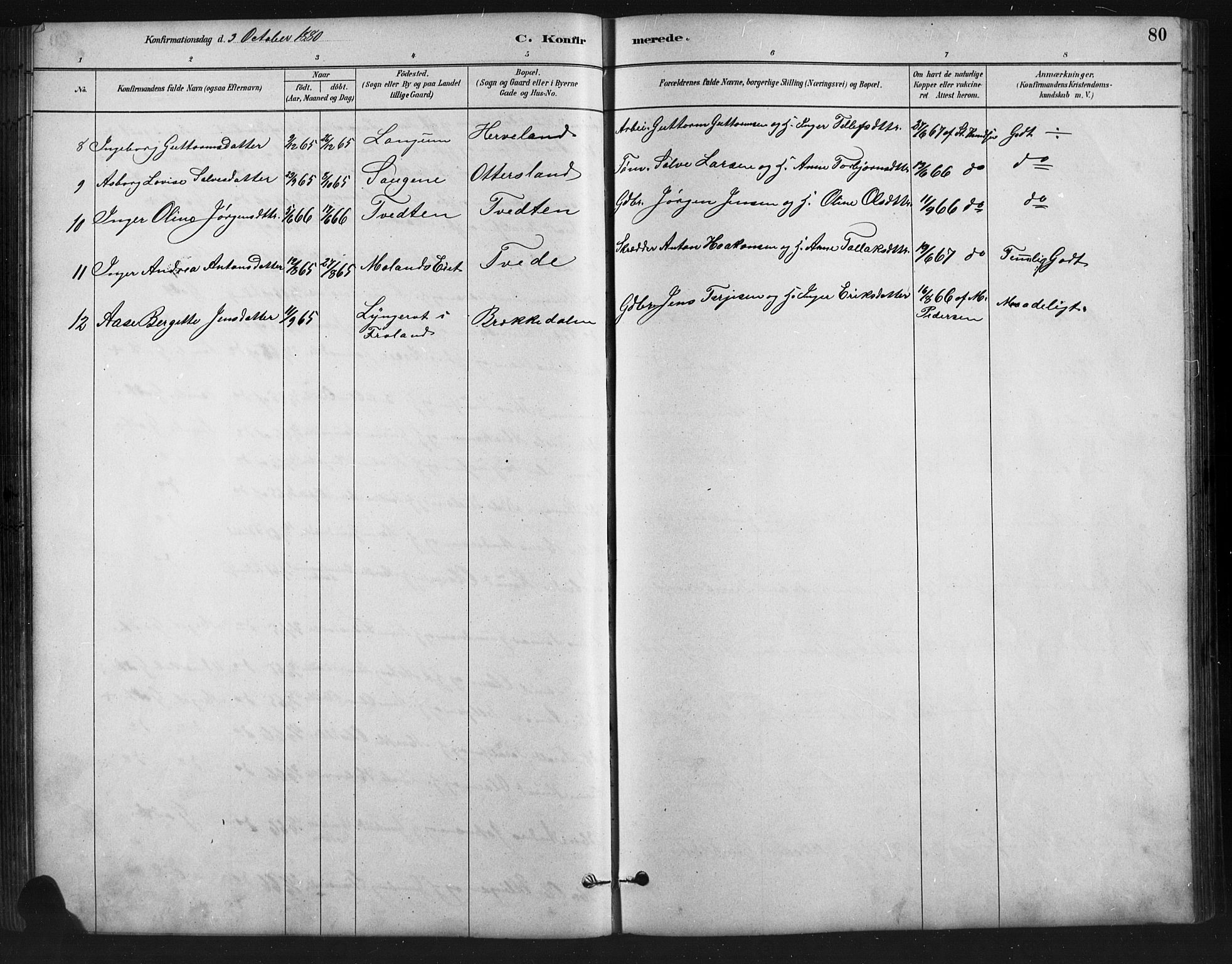 Austre Moland sokneprestkontor, SAK/1111-0001/F/Fb/Fba/L0003: Parish register (copy) no. B 3, 1879-1914, p. 80