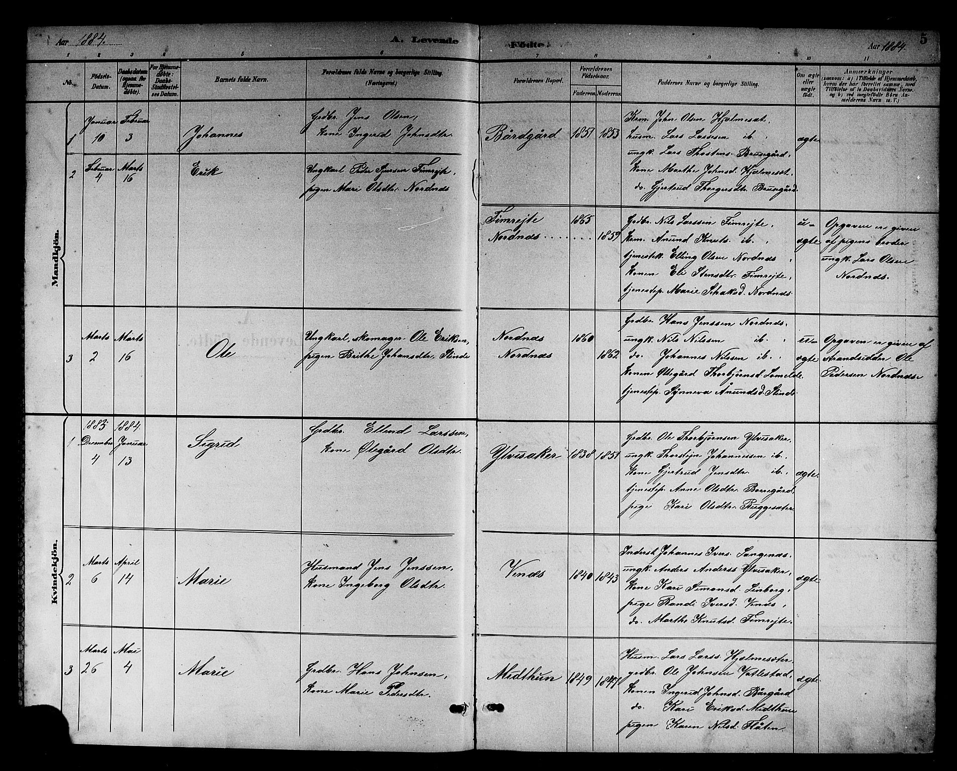 Sogndal sokneprestembete, SAB/A-81301/H/Hab/Habc/L0002: Parish register (copy) no. C 2, 1884-1910, p. 5