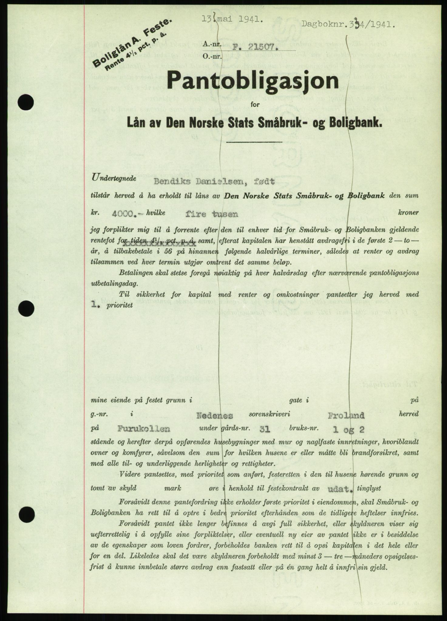 Nedenes sorenskriveri, AV/SAK-1221-0006/G/Gb/Gbb/L0001: Mortgage book no. I, 1939-1942, Diary no: : 334/1941